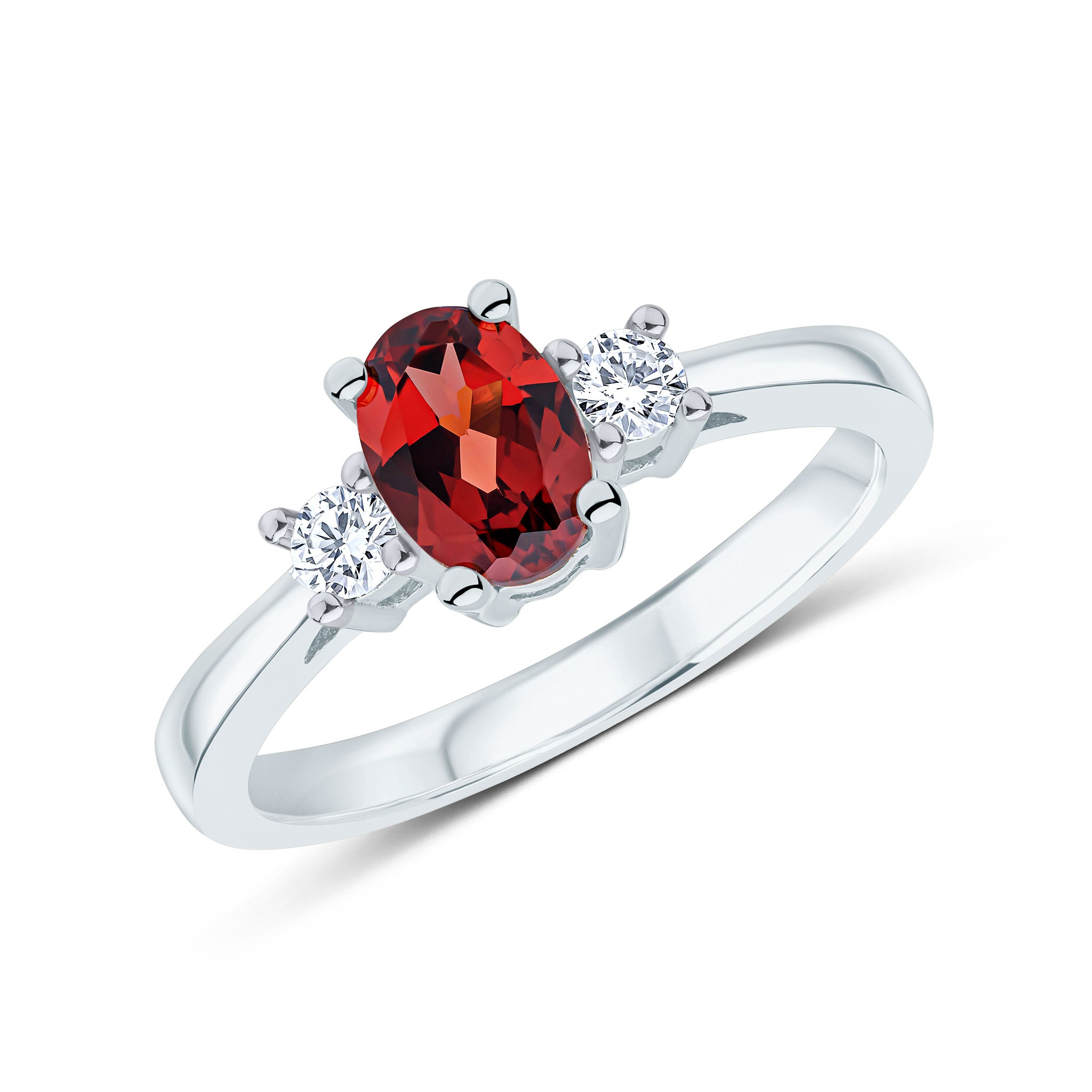 9ct White Gold 7x5 Oval Garnet and Round Diamond Claw Set 3 Stone Ring