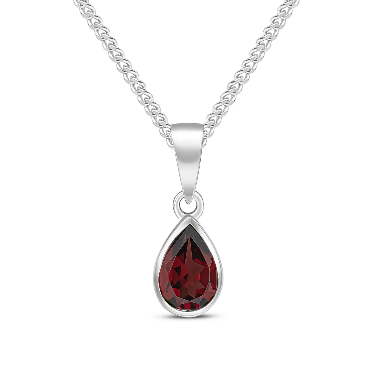 9ct White Gold 7x5 Pear Shape Garnet Rubover Pendant