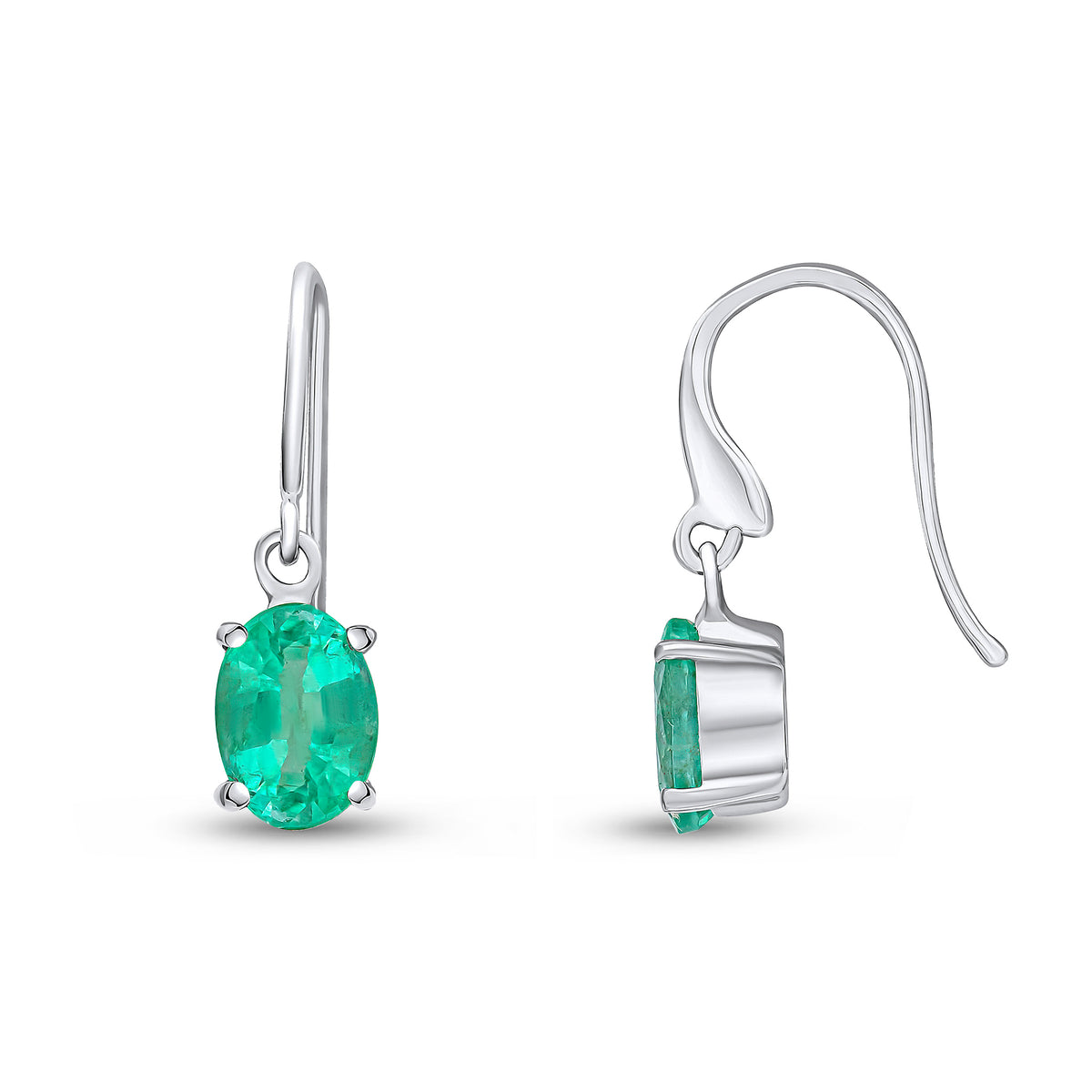 9ct White Gold 7x5 Oval Emerald Claw Set Drop Earrings with Hook Wire Fitting