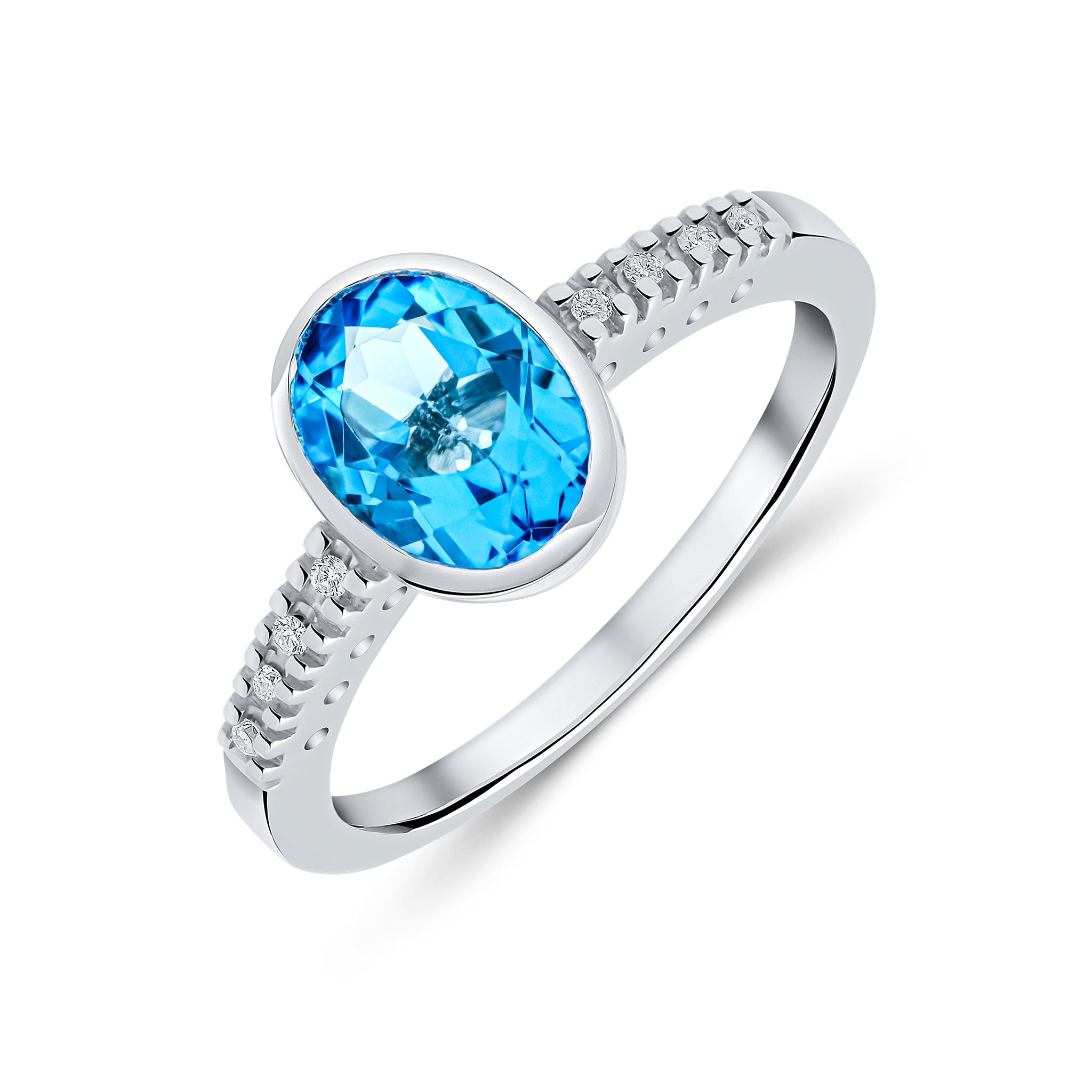 9CT WG RUBOVER 8X6 OVAL SWISS BLUE TOPAZ SINGLE STONE RING WITH CLAW SET DIAMOND SHOULDERS 1