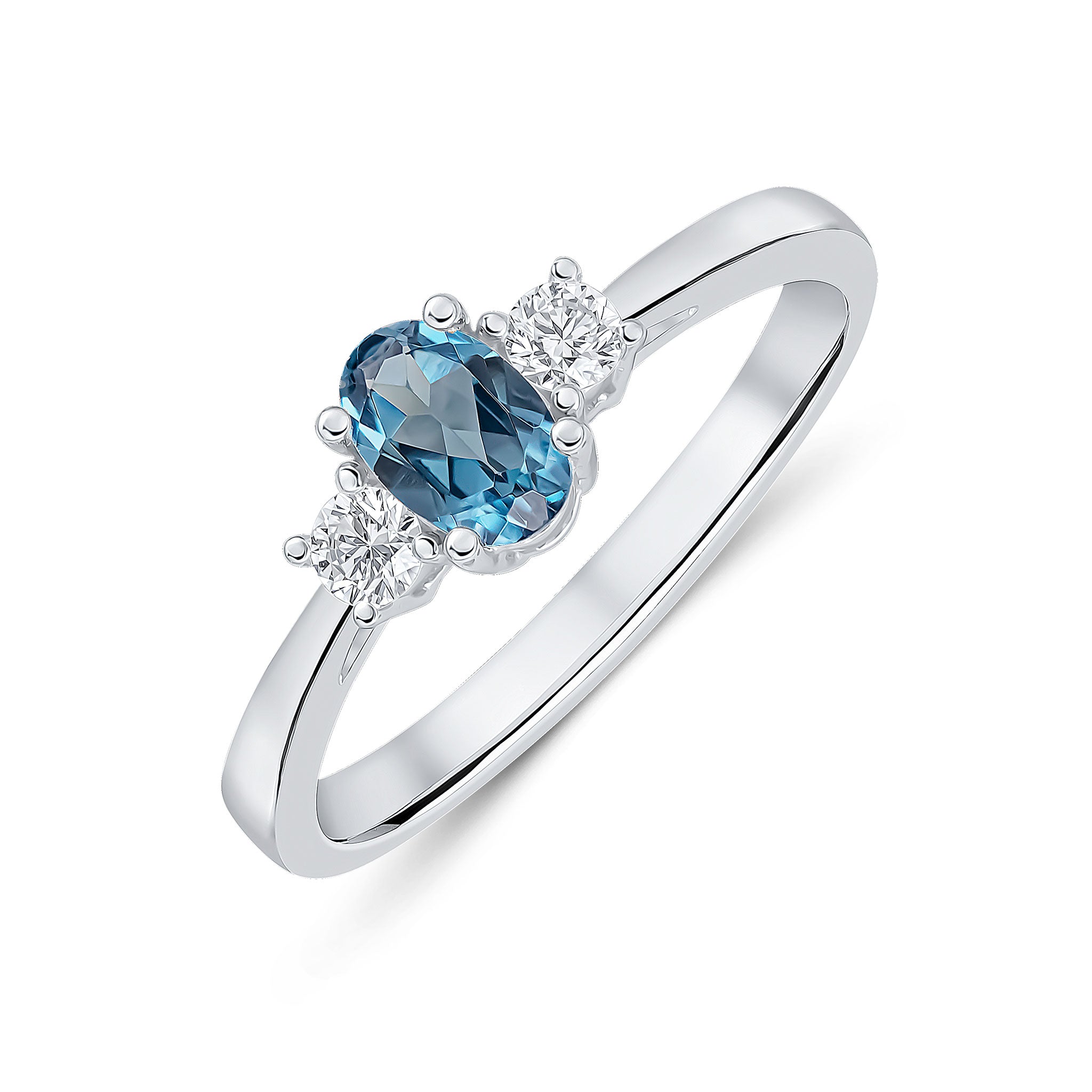 9ct White Gold 6x4 Oval London Blue Topaz and Round Diamond Claw Set 3 Stone Ring