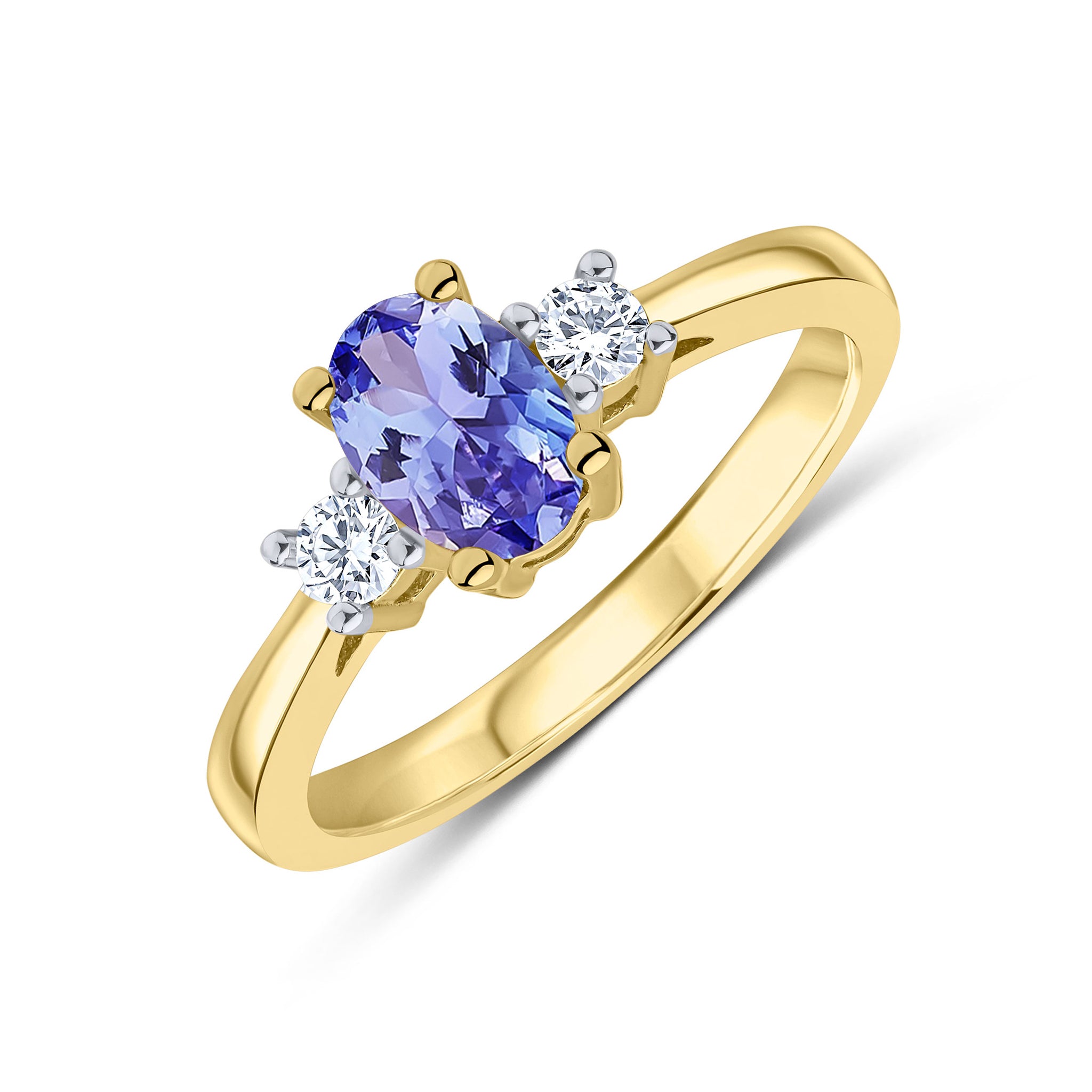 9CT YG 7X5 OVAL TANZANITE AND ROUND DIAMOND CLAW SET 3ST RING RHODIUM TO DIAMONDS 1