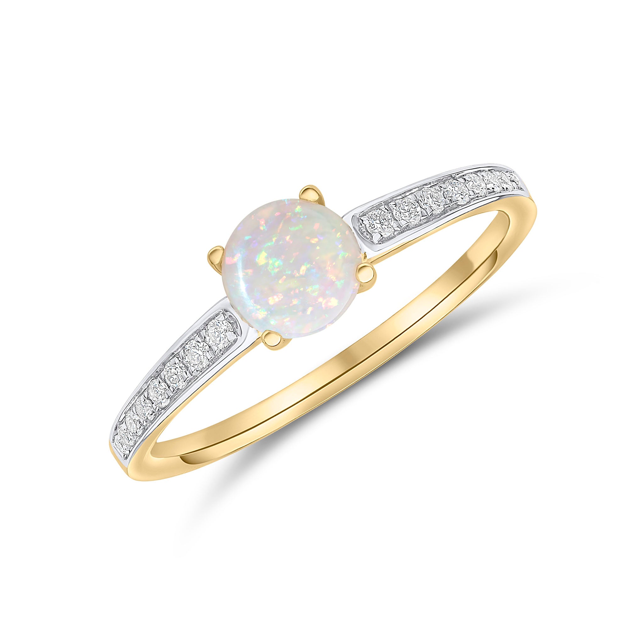 18ct Yellow Gold 5.5mm Round Opal Single Stone Ring with Diamond Set Shoulders Rhodium to Diamonds