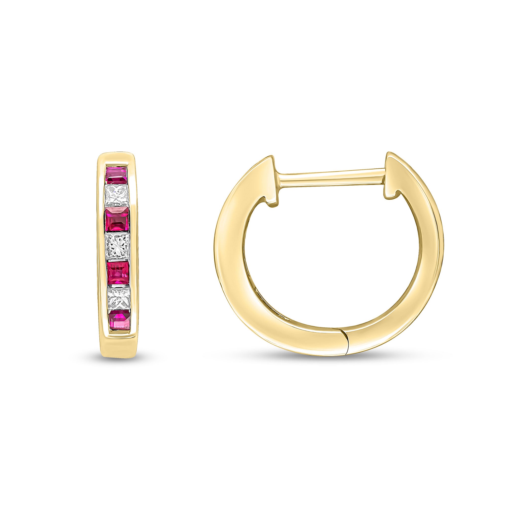 18yg Square Ruby & Diamond Huggies