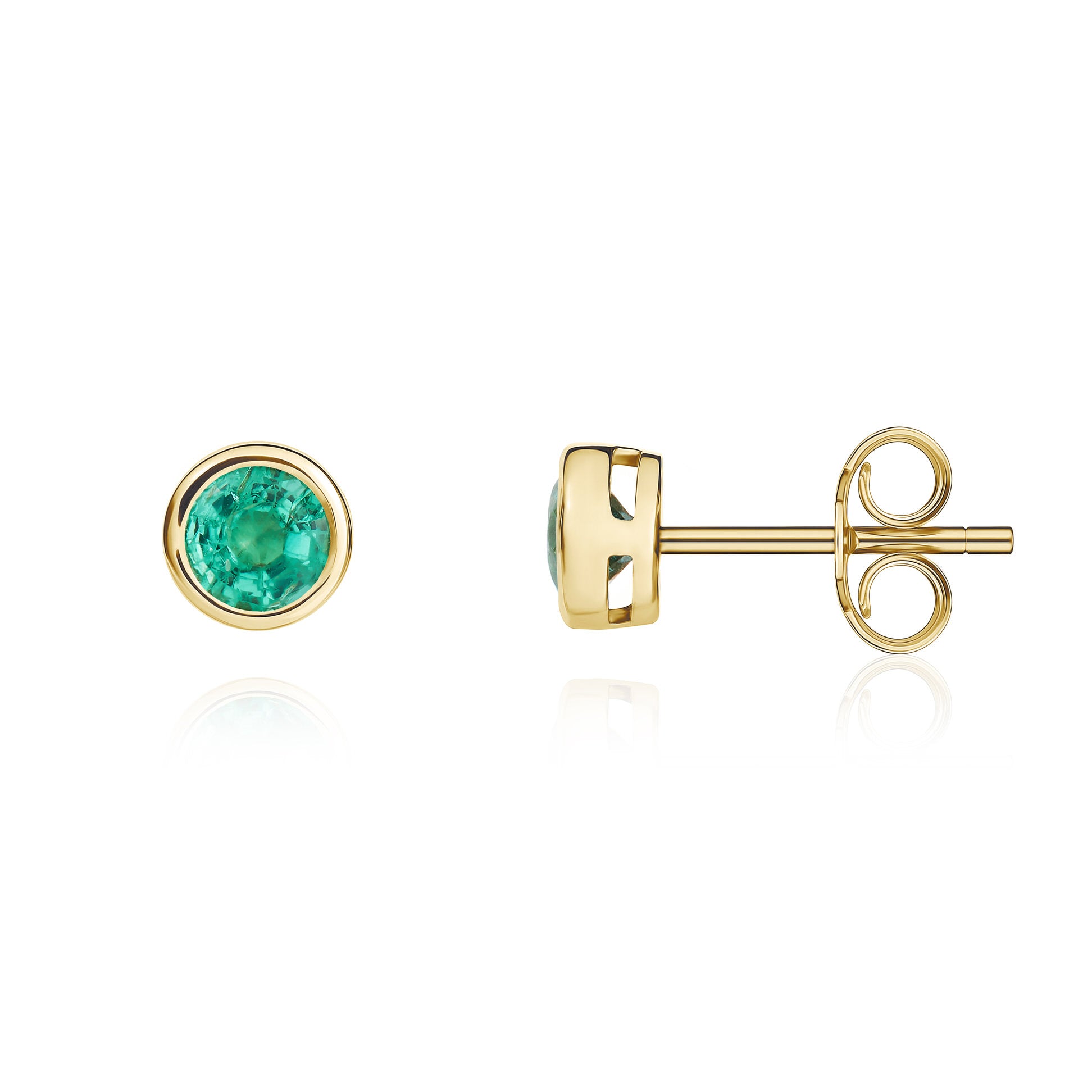 9ct Yellow Gold Round Emerald Rubover Stud Earrings,5mm