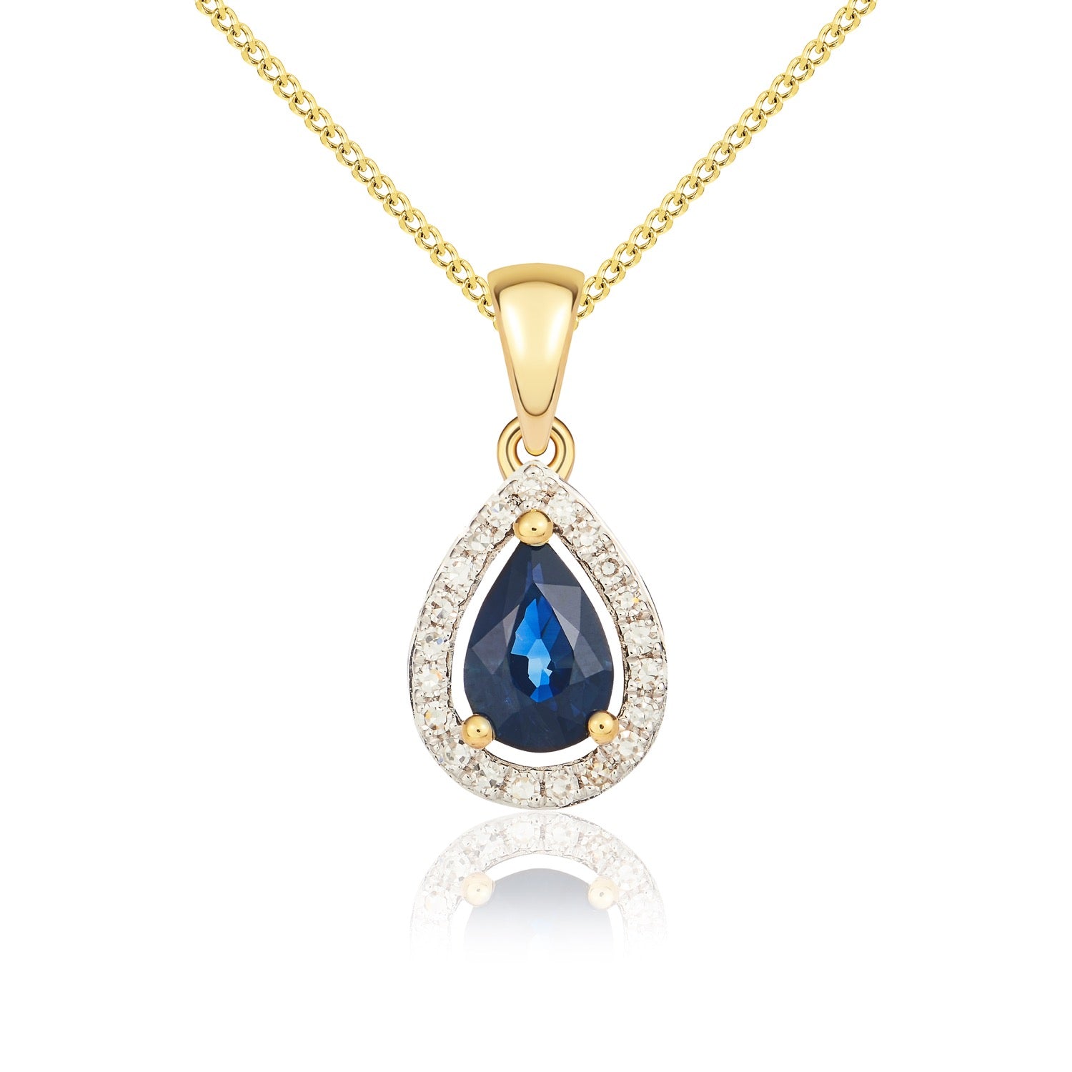 9ct Yellow Gold 6x4 Pear Shape Sapphire & Diamond Halo Claw Cluster Pendant Rhdoium to Diamonds