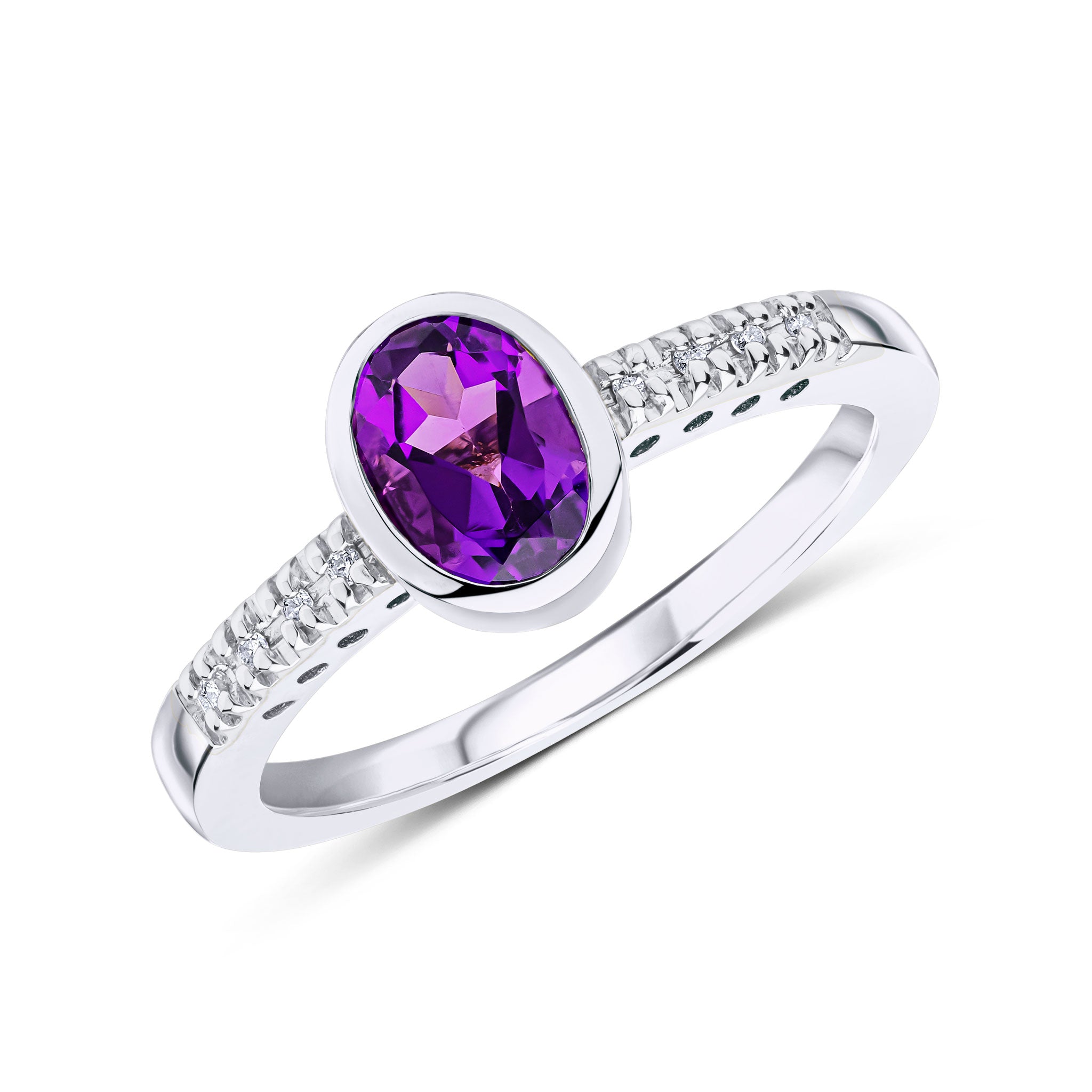 9ct White Gold Rubover 7x5 Oval Amethyst Single Stone Ring with Claw Set Diamond Shoulders