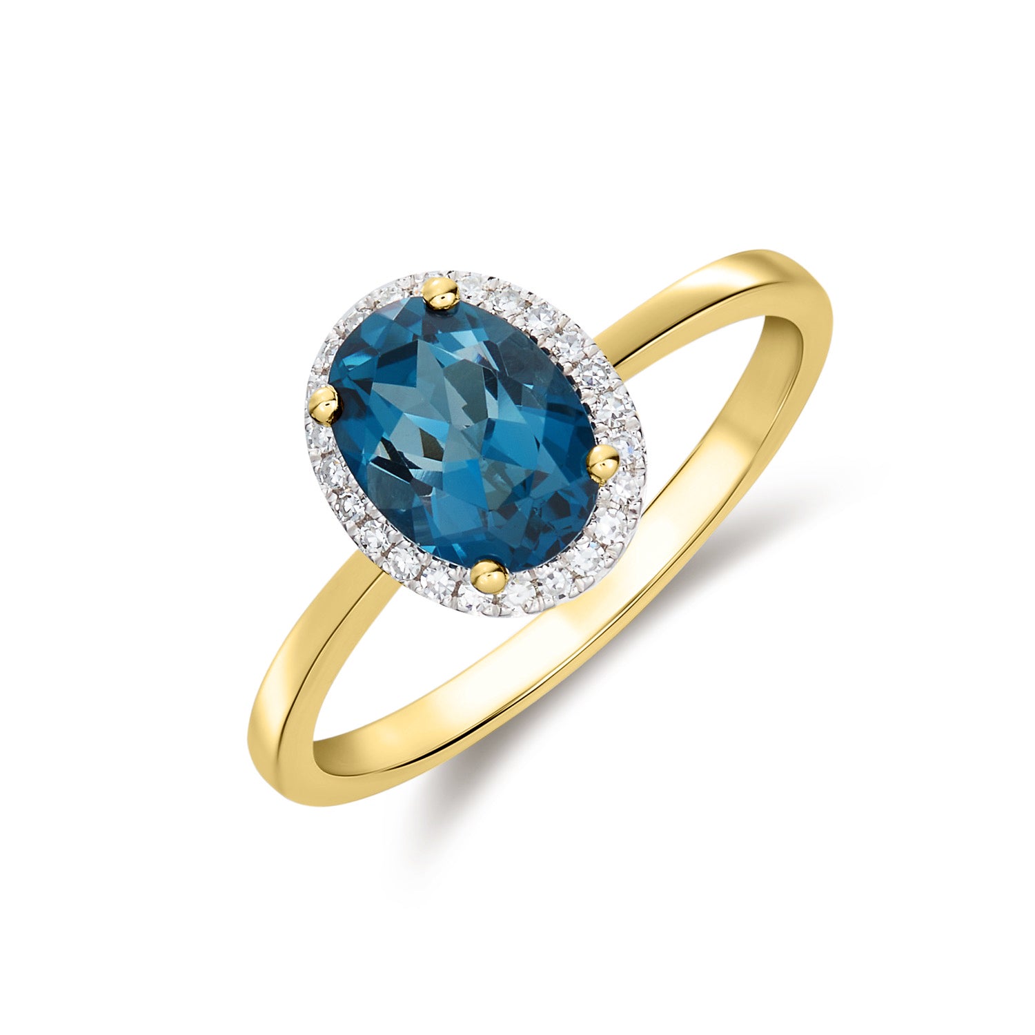 9CT YG 8X6 OVAL LONDON BLUE TOPAZ AND DIAMOND CLAW SET CLUSTER RING. RHODIUM TO DIAMONDS 1