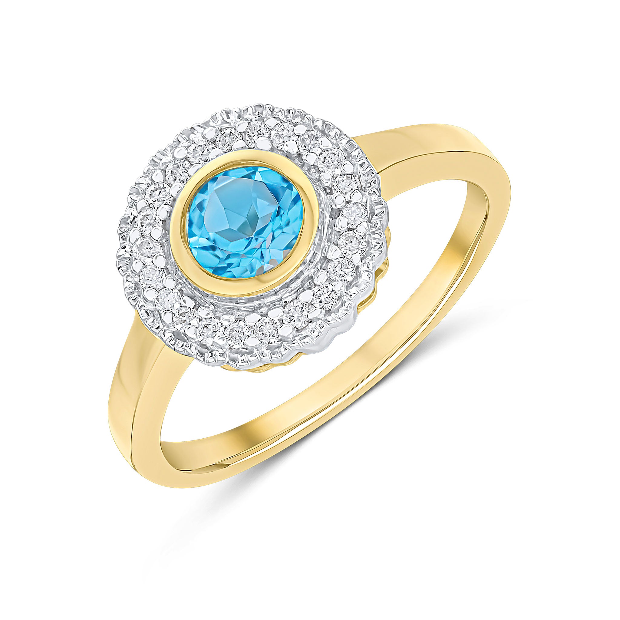 9ct Yellow Gold Round Rubover Swiss Blue Topaz and Milgrain Round Diamond Cluster Ring Rhodium to Diamonds