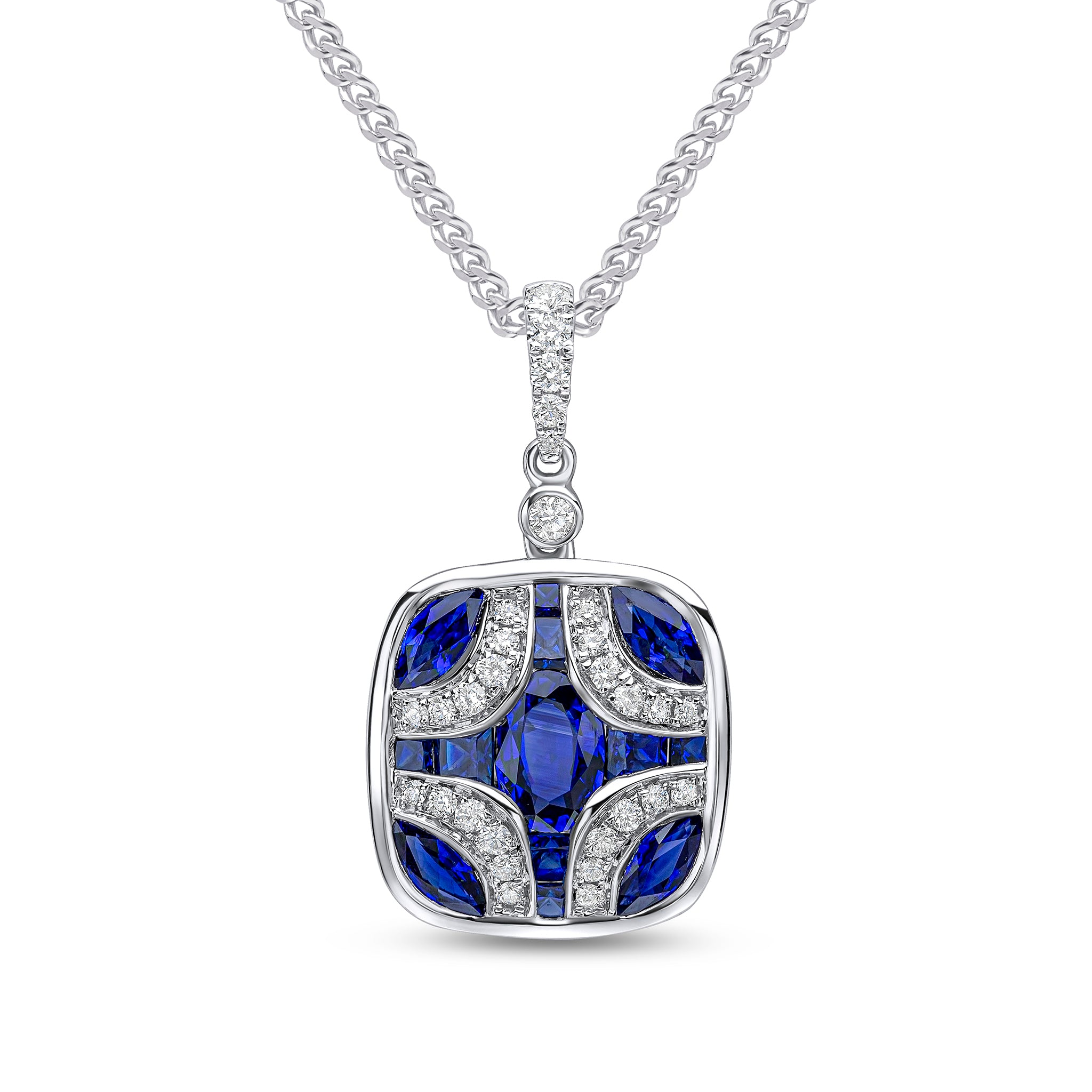 18ct White Gold Sapphire & Diamond Shield Pendant with Diamond Set Loop