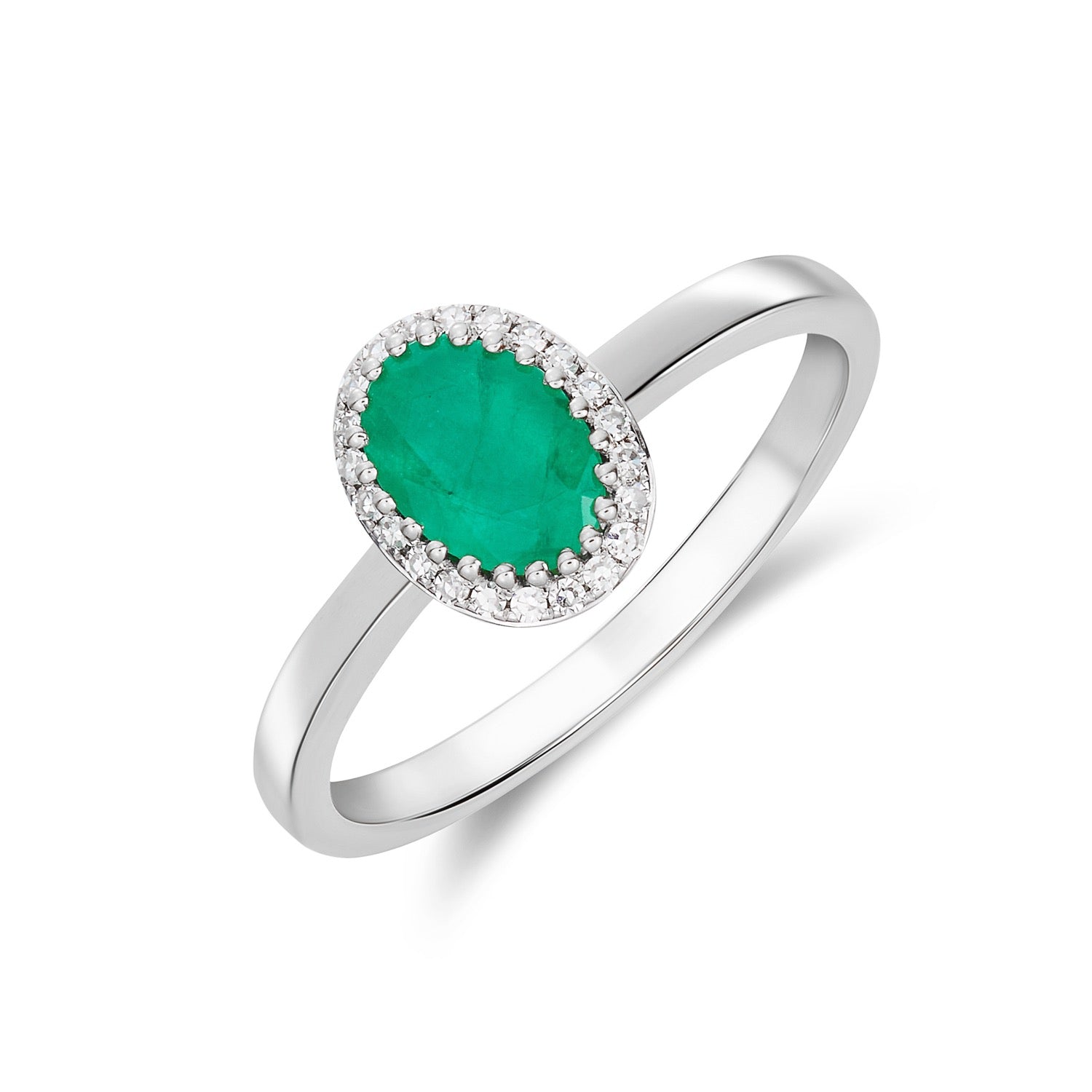 9CT WHITE GOLD OVAL EMERALD AND ROUND DIAMOND CLAW SET CLUSTER RING 1