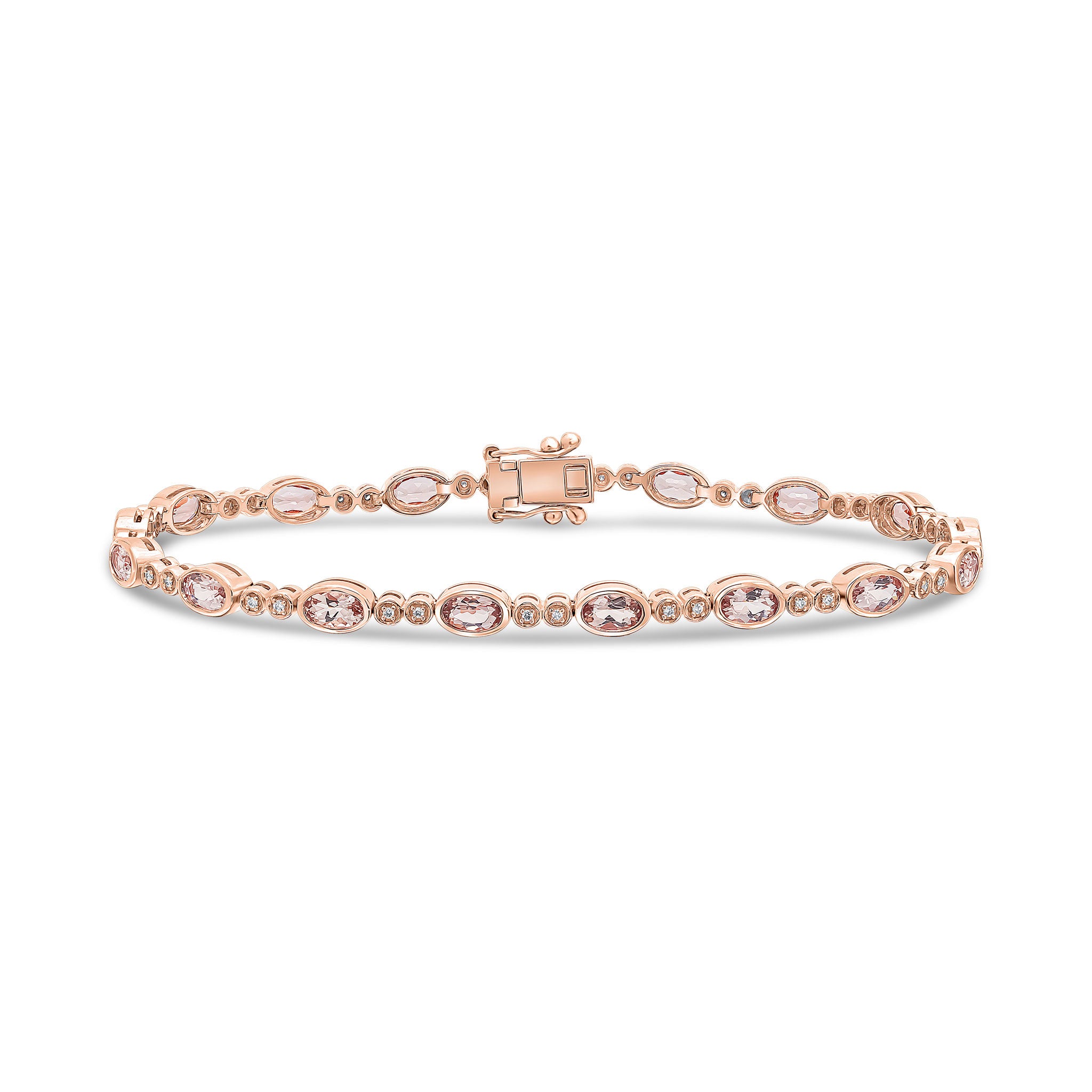 18ct Rose Gold Oval Morganite and Round Diamond Rubover Line Bracelet