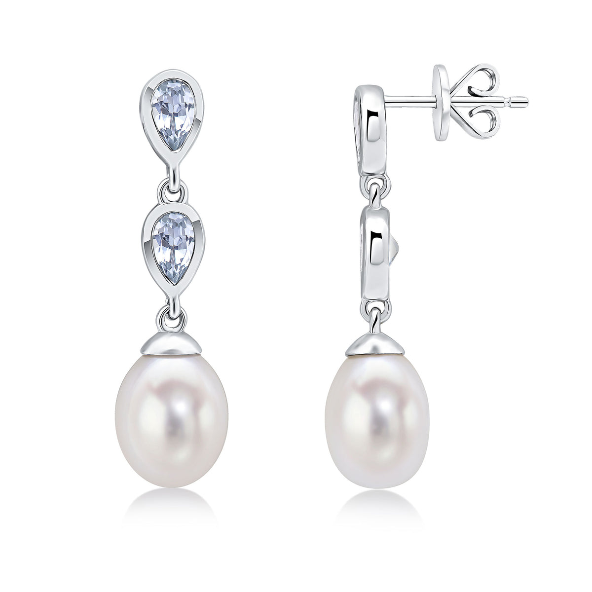 9ct White Gold Pearl & Double Pear Shape Aquamarine Drop Earrings