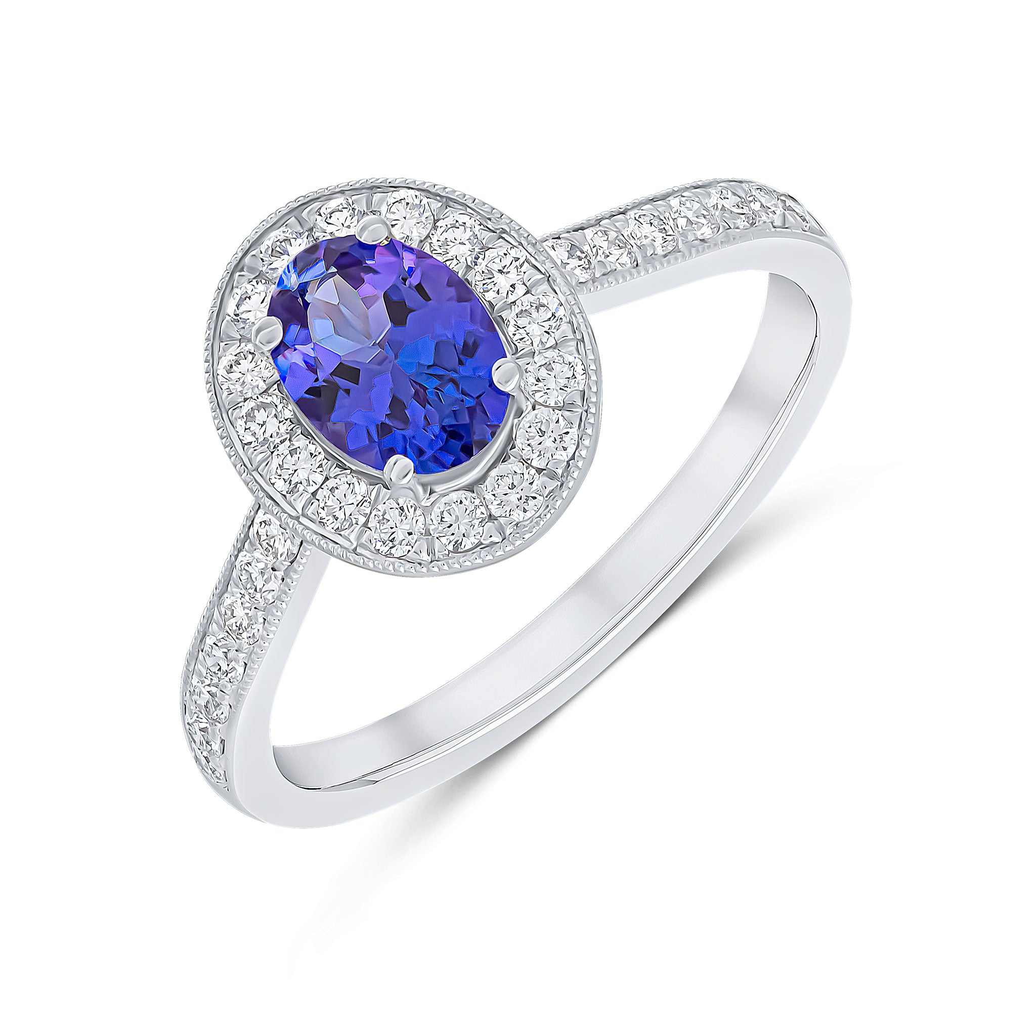 18ct White Gold Claw Set 7x5 Oval Tanzanite and Milgrain Round Diamond Cluster Ring with Milgrain Diamond Set Shoulders