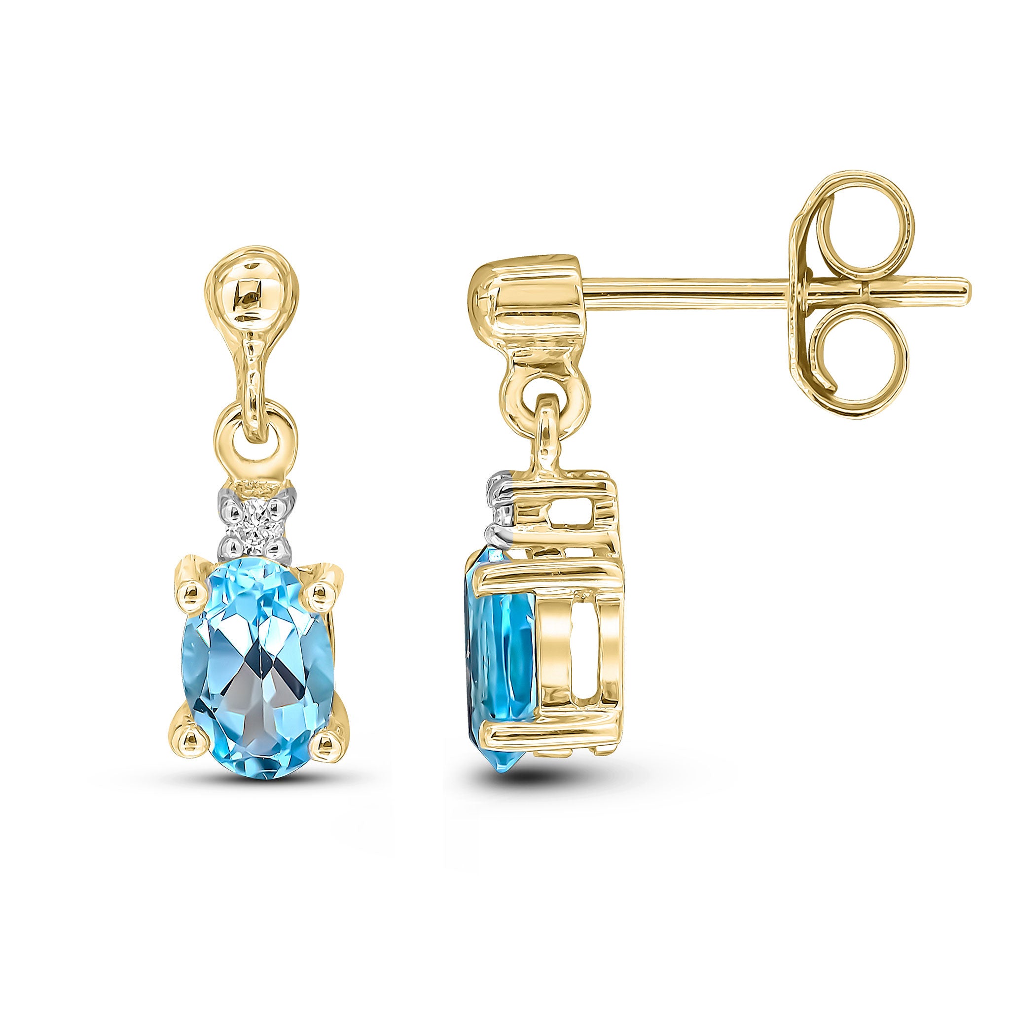 9ct Yellow Gold Oval Swiss Blue Topaz & Diamond Claw Set 2 Stone Drop Earrings with Bead Stud Top