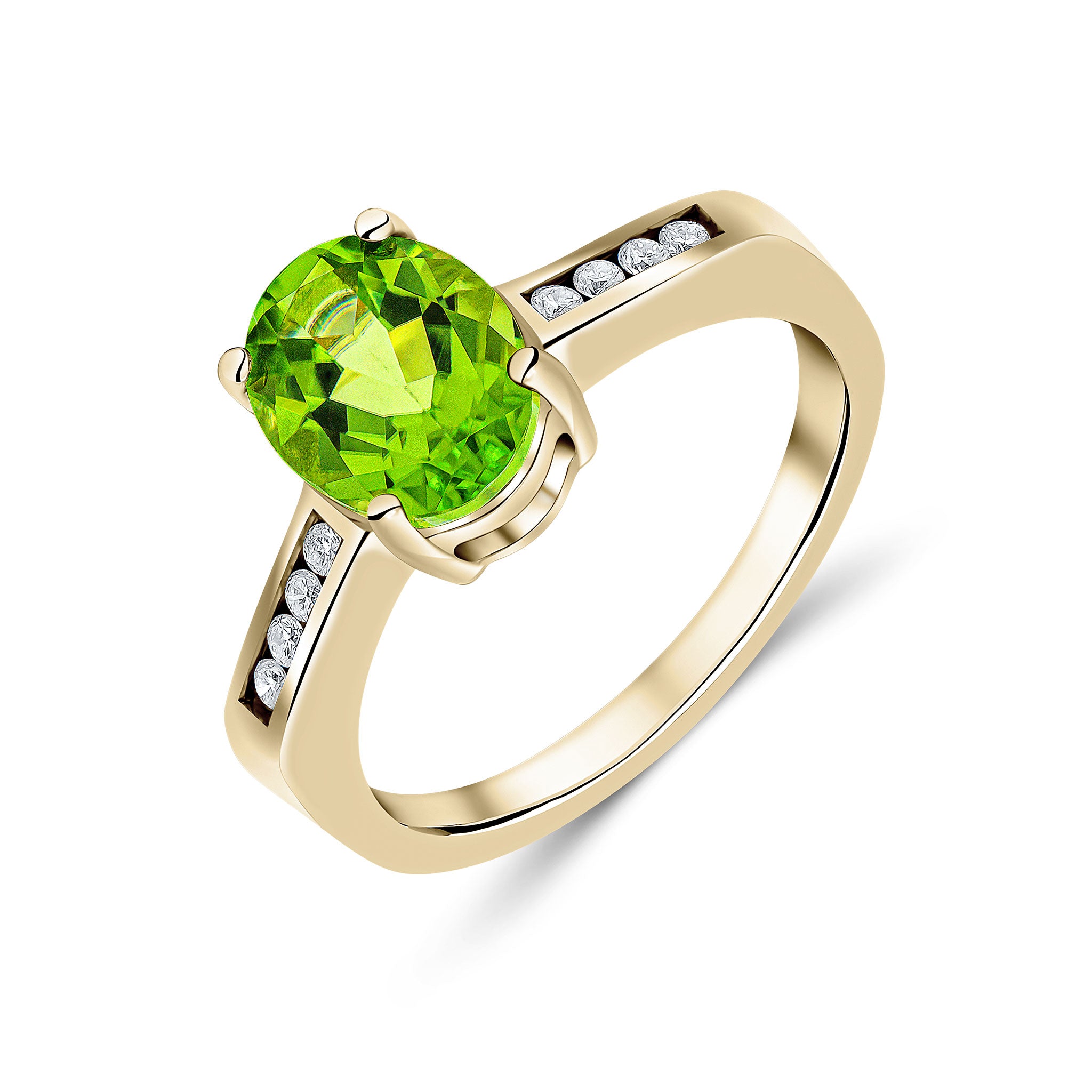 9ct Yellow Gold 9x7mm Claw Set Oval Peridot Single Stone Ring with Channel Set Diamond Shoulders