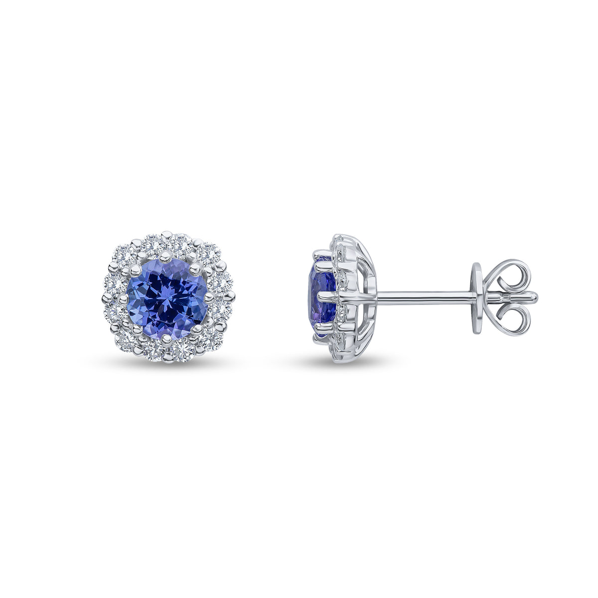 18ct White Gold 5mm Round Tanzanite and Round Diamond Claw Set Cluster Earrings