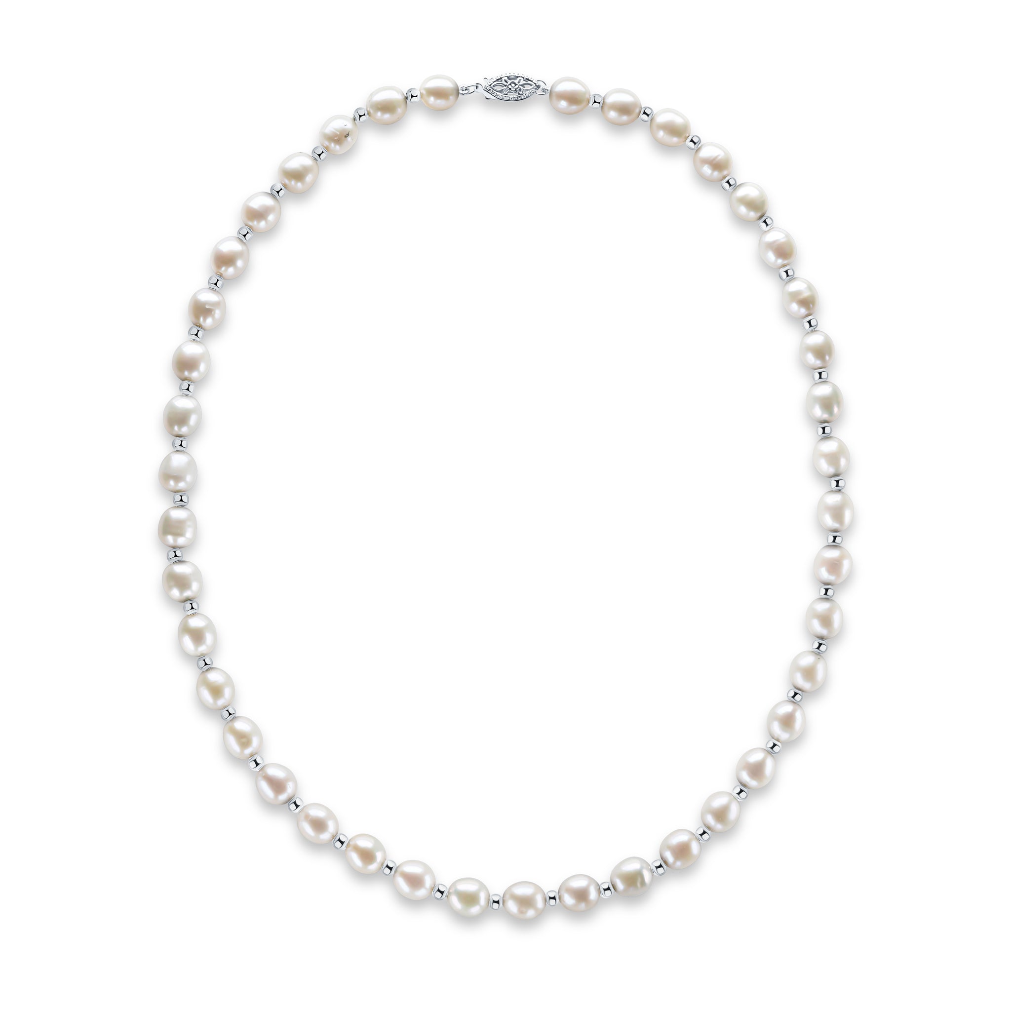Genuine 9ct White Gold White Rice Pearl & Gold Bead Necklace with Fancy Clasp 18"