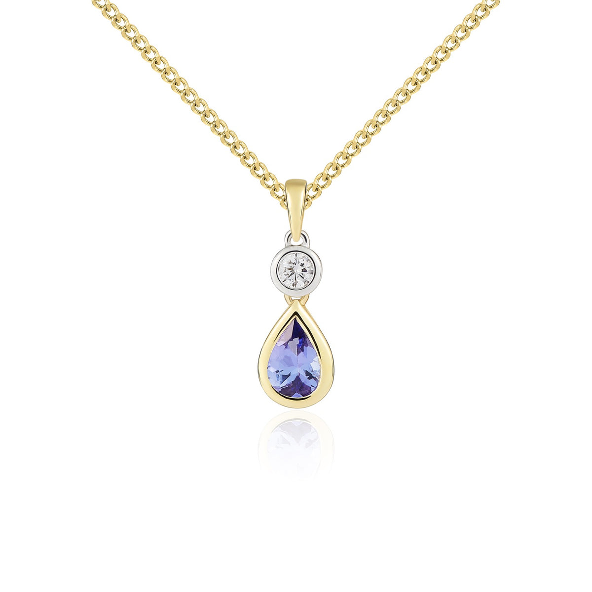 18ct Ywg Pear Shape Tanzanite and Round Diamond 2 Stone Rubover Pendant