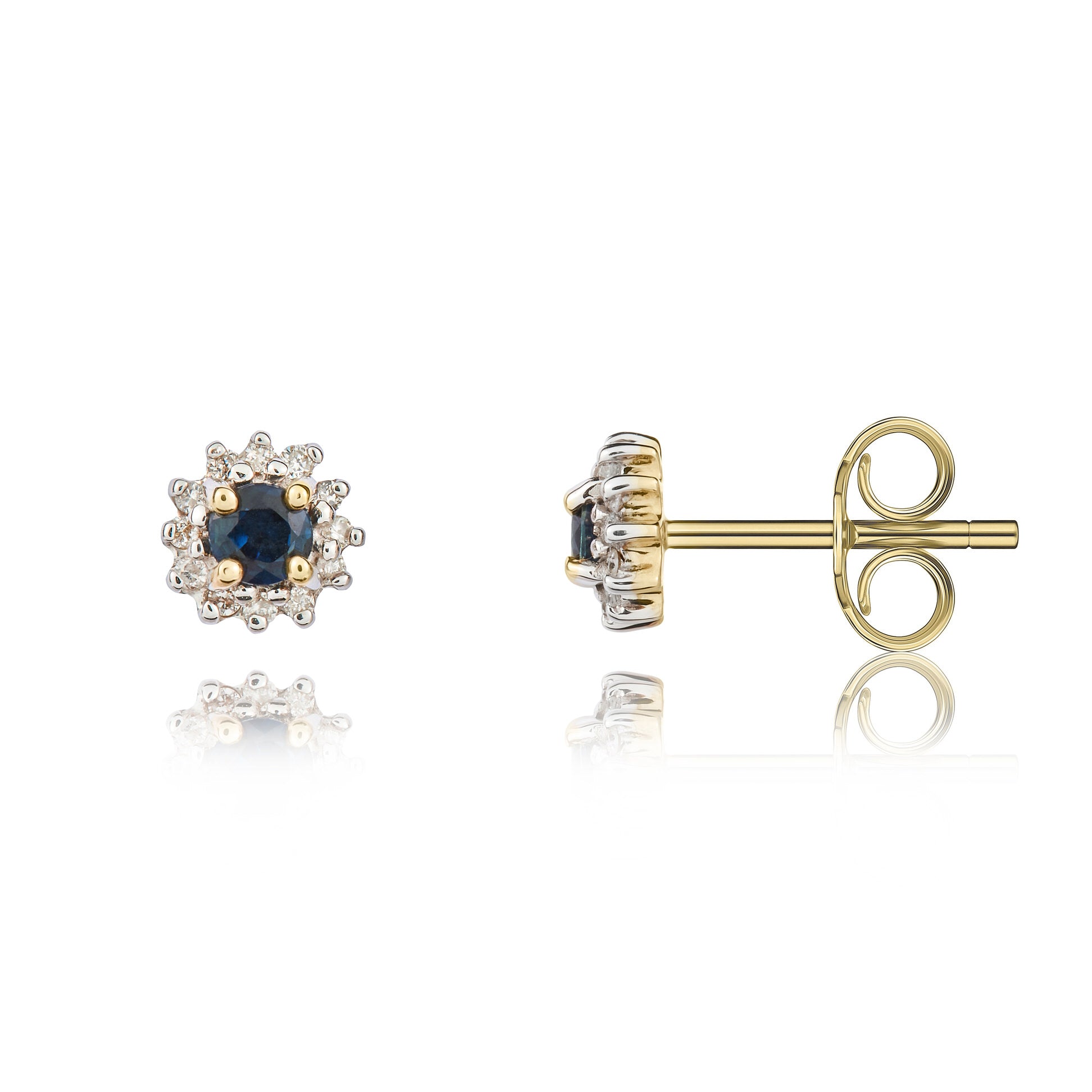 9ct Yellow Gold 3mm Round Sapphire and Diamond Claw Cluster Earrings Rhodium to Diamonds