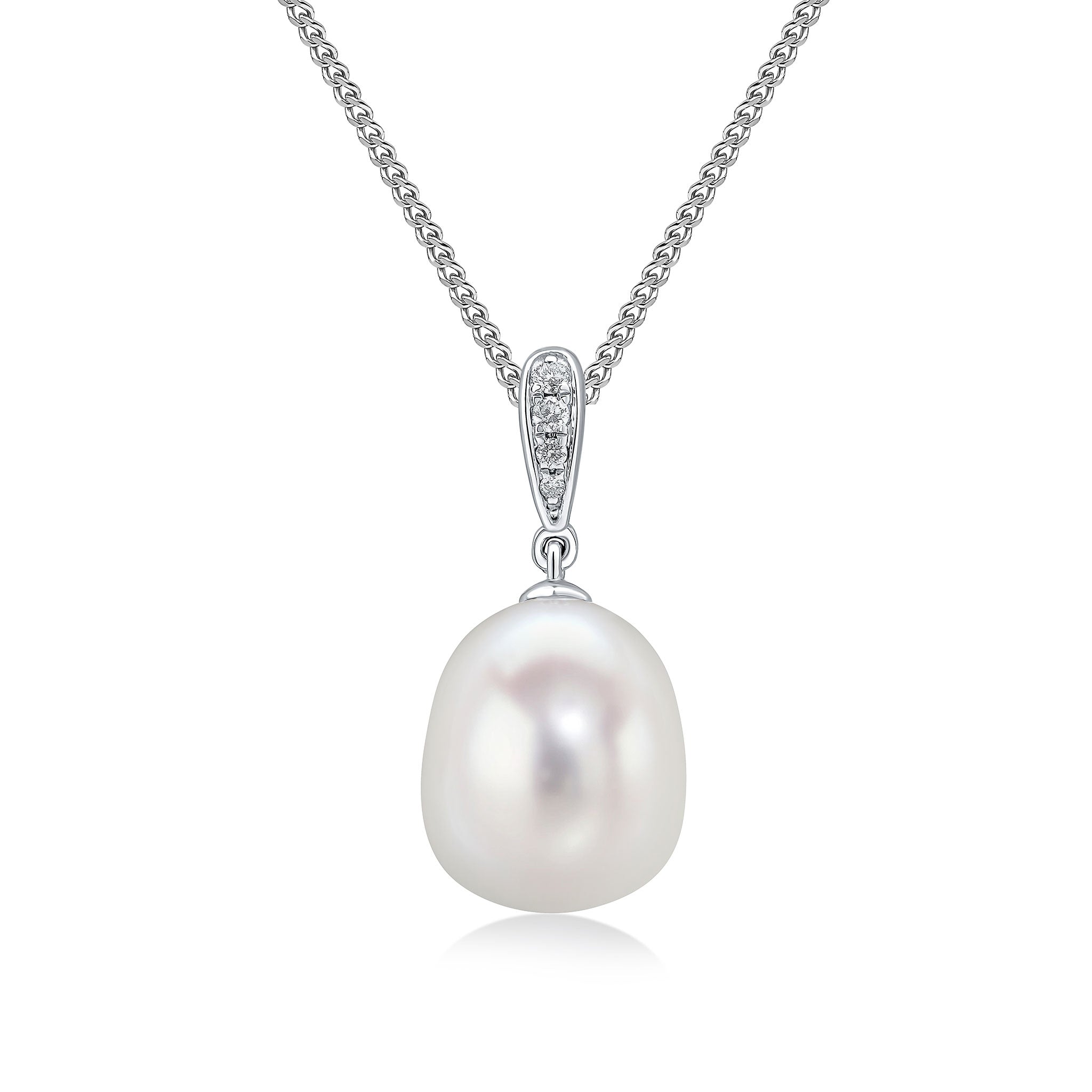 18ct White Gold Cultured Freshwater Pearl and Grain Set Round Diamond Line Pendant