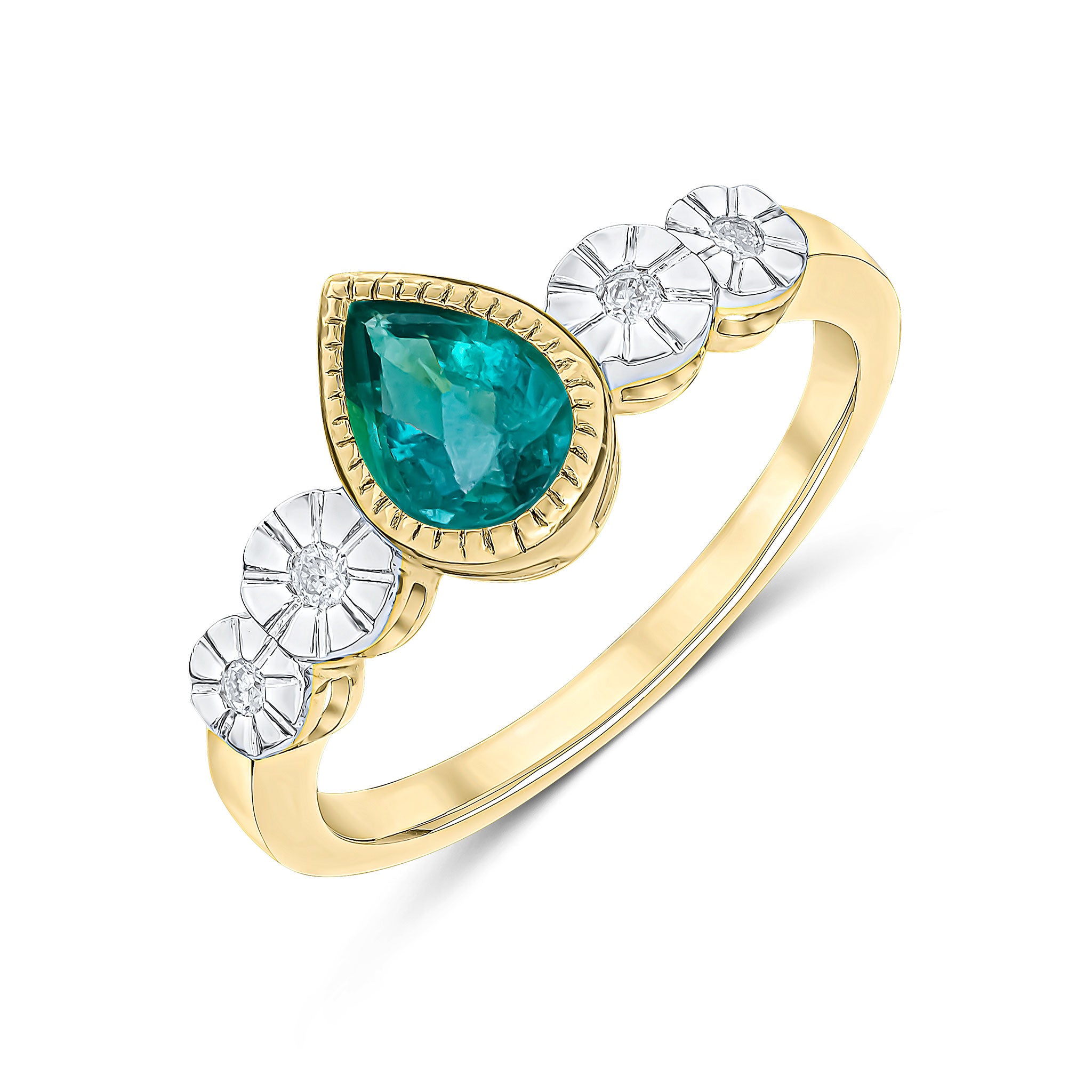9ct Yellow Gold Milgrain Pear Shape Emerald and Illusion Diamond 4 Stone Shoulders Ring Rhodium to Diamonds
