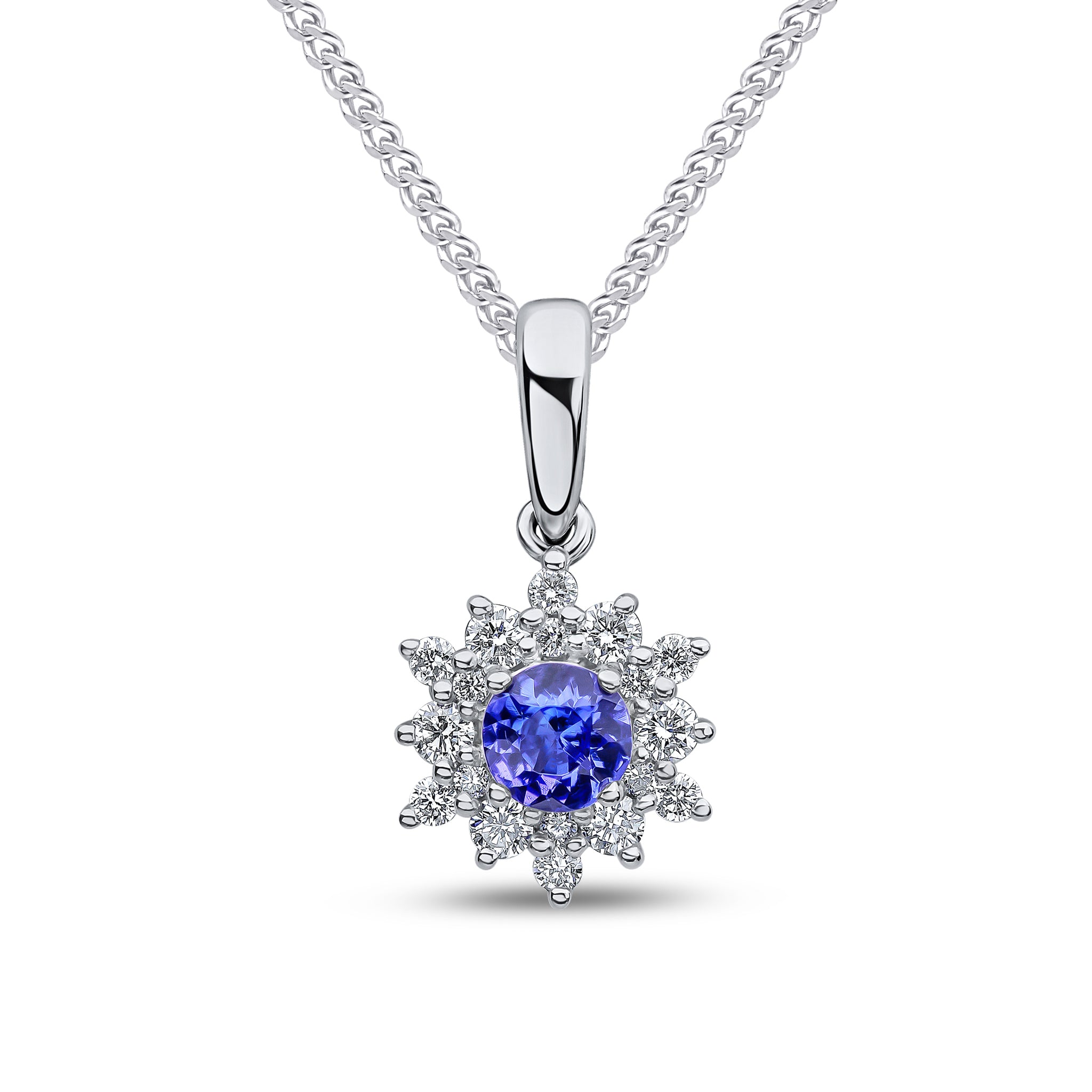 18ct White Gold 4mm Round Tanzanite & Diamond Claw Set Cluster Pendant