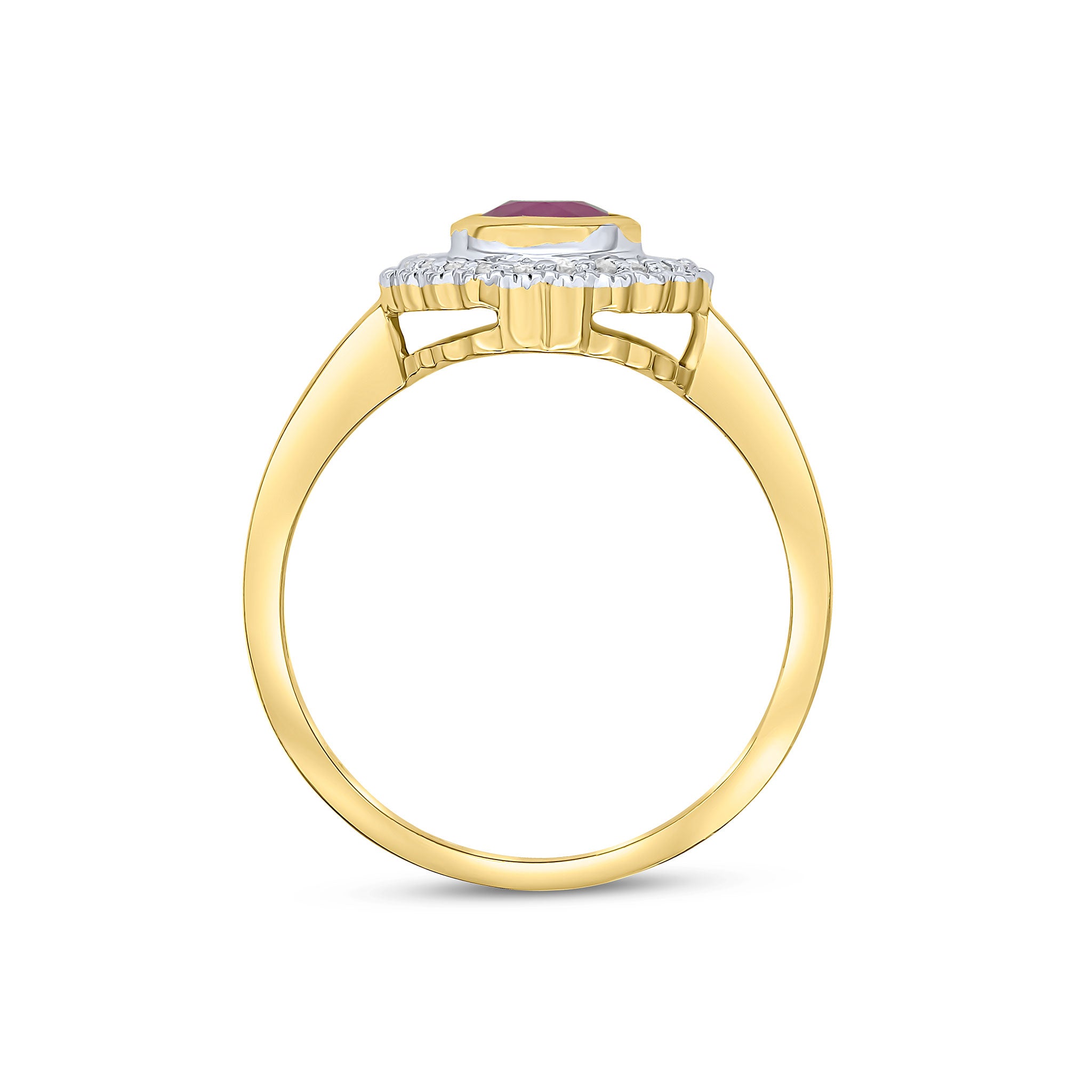 9CT YELLOW GOLD ROUND RUBOVER RUBY AND MILLEGRAIN ROUND DIAMOND CLUSTER RING. RHODIUM TO DIAMONDS 1