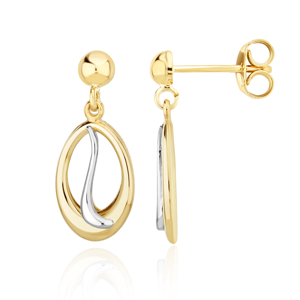 9ct Two Tone White Yellow Gold Open Oval - Wave Drop Earrings