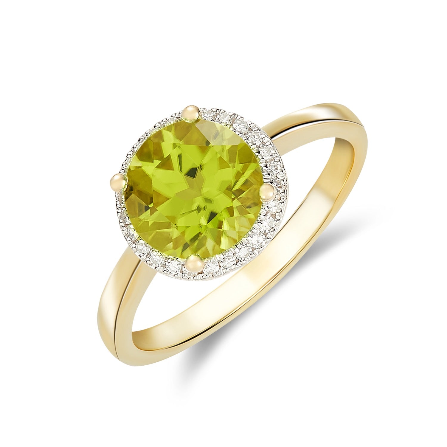 9CT YG 8MM ROUND PERIDOT AND DIAMOND CLAW CLUSTER RING. RHODIUM TO DIAMONDS 1