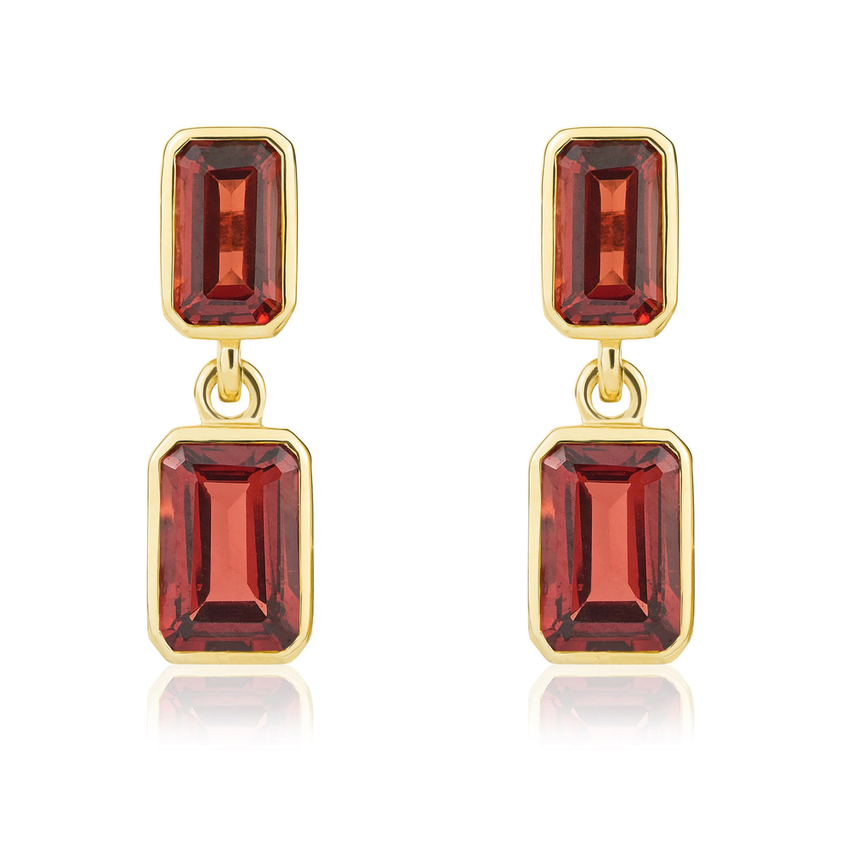 9ct Yellow Gold Octagon Garnet Rubover 2 Stone Drop Earrings