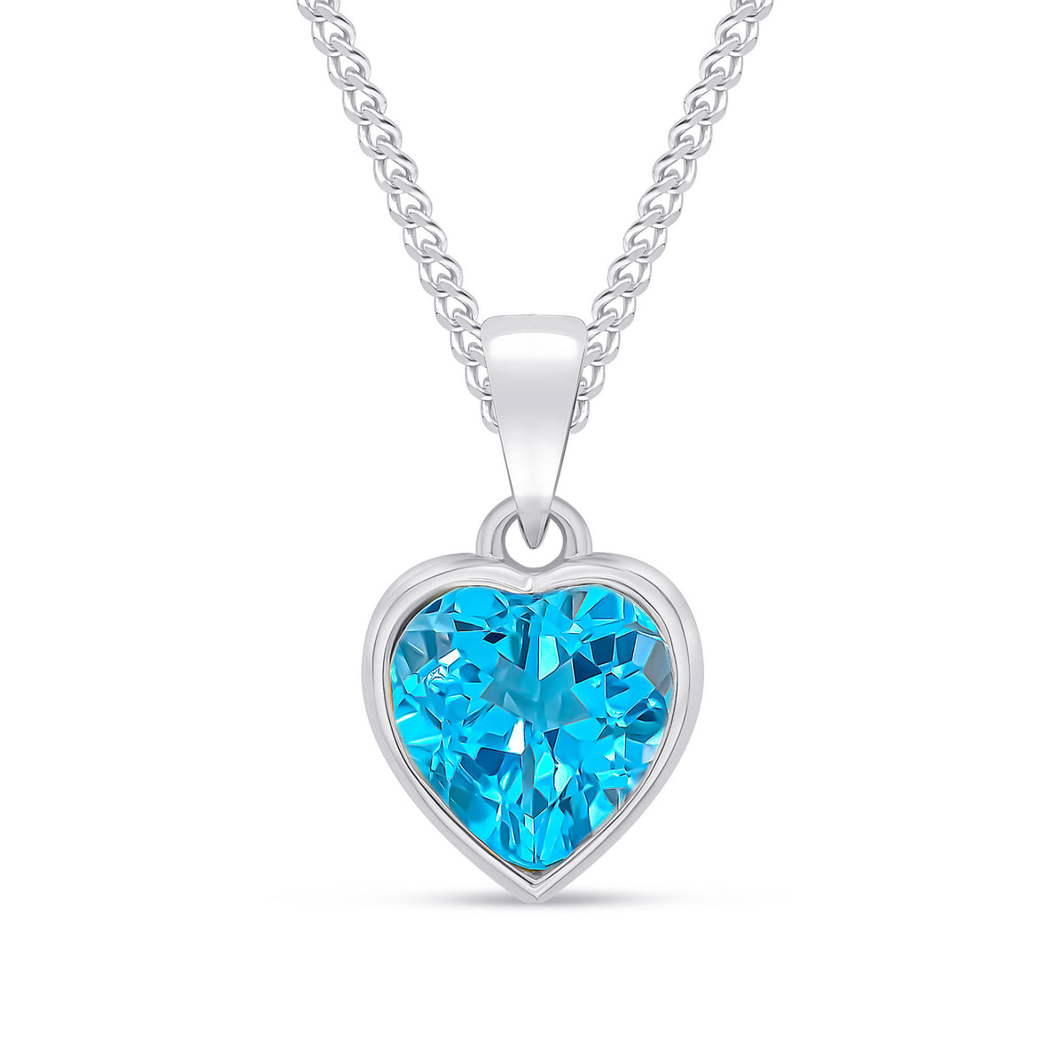 9ct White Gold 8mm Heartshape Swiss Blue Topaz Rubover Single Stone Pendant