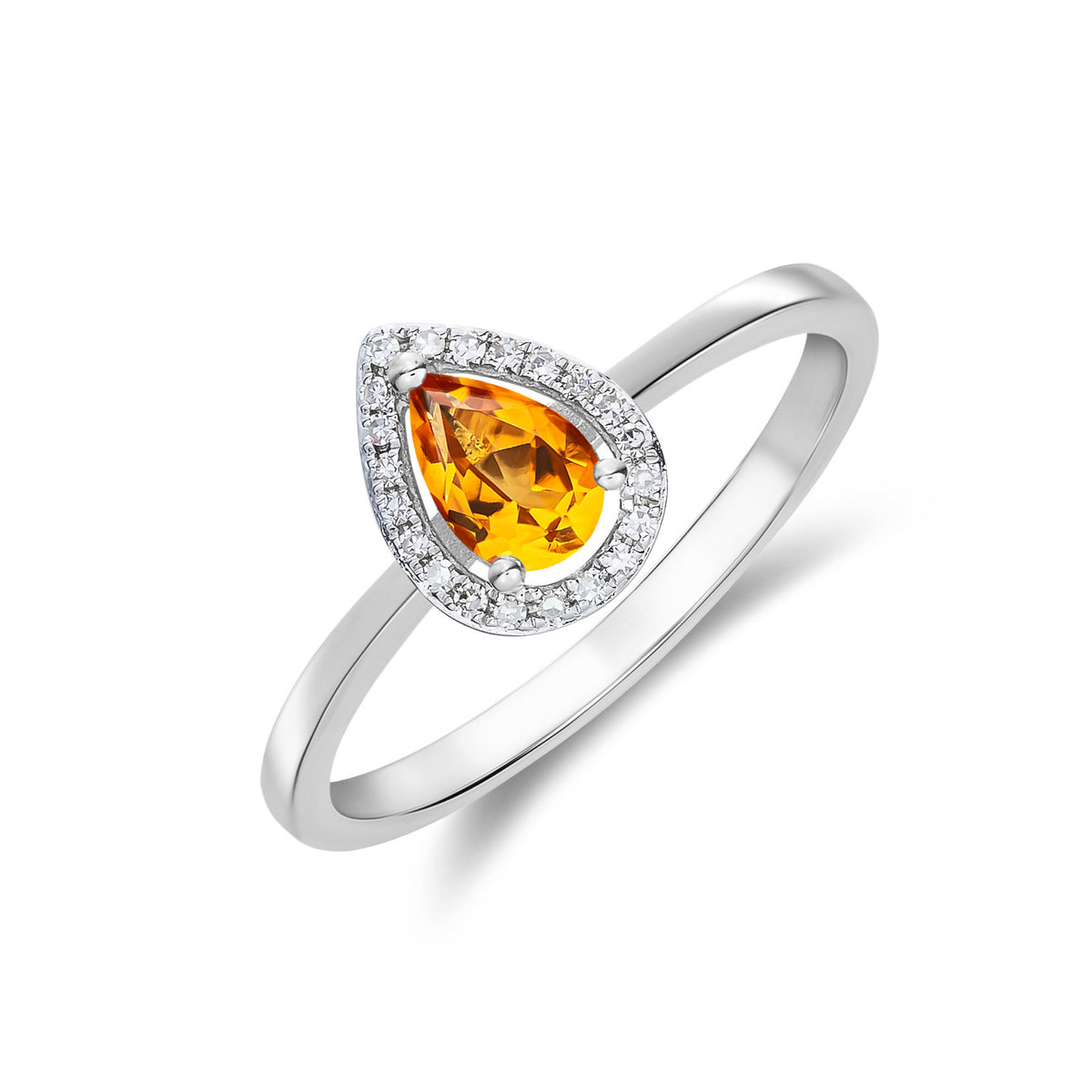 9ct White Gold 6x4 Pear Shape Citrine & Diamond Halo Claw Cluster Ring