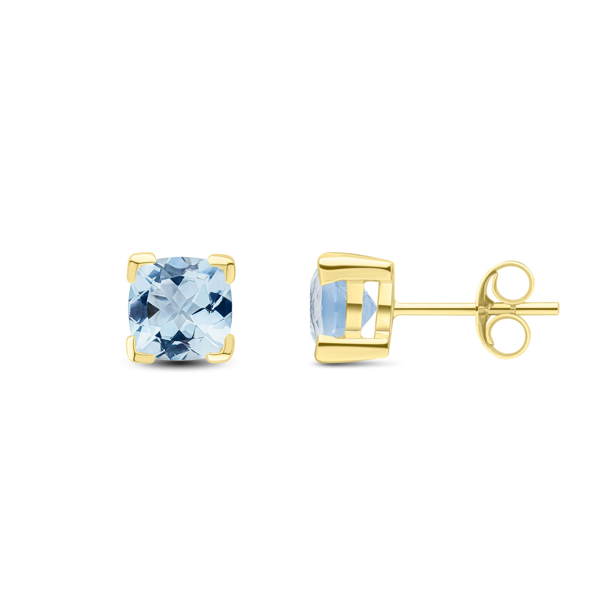9ct Yellow Gold 6mm Cushion Aquamarine Claw Set Earrings