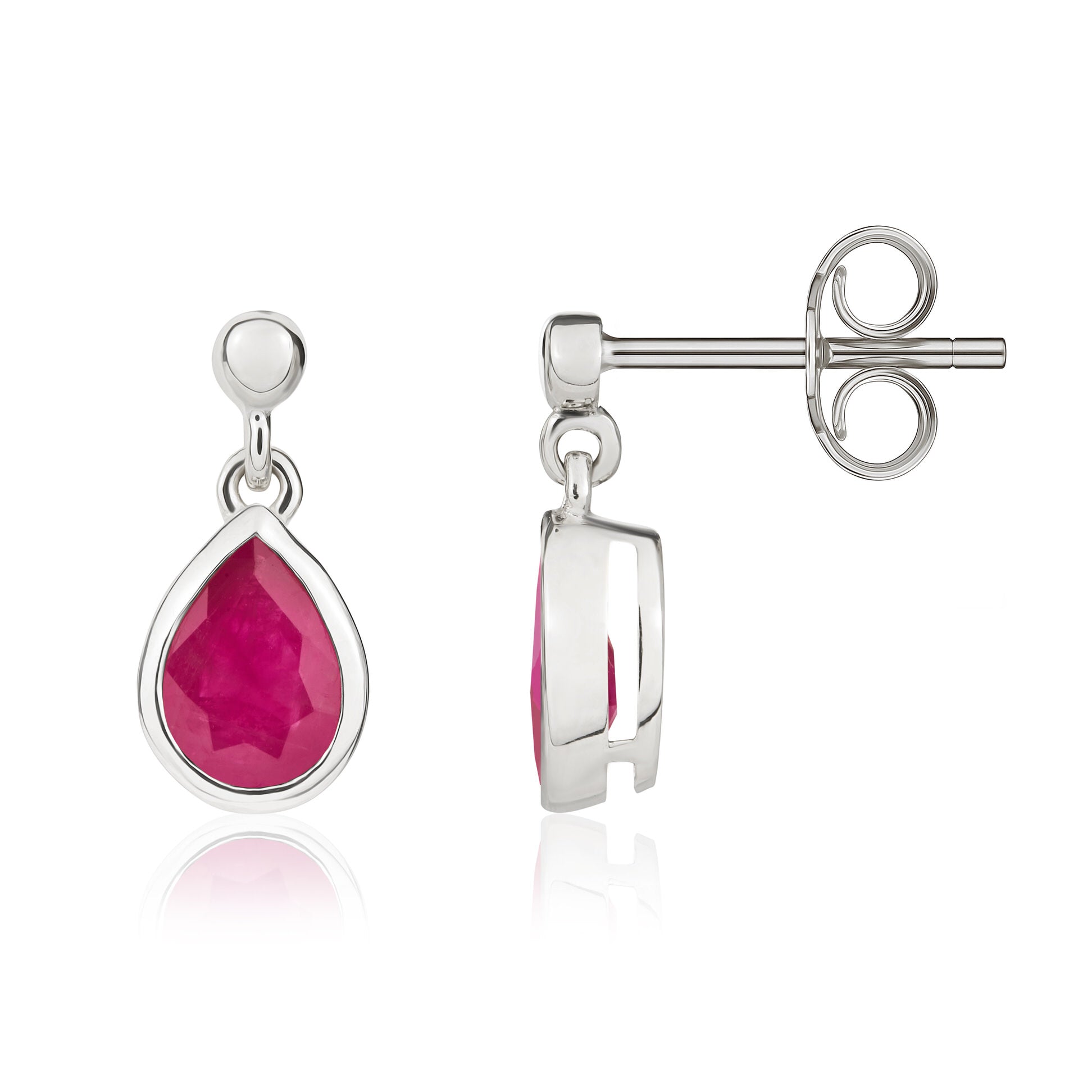 9ct White Gold 7x5 Pear Shape Ruby Rubover Drop Earrings with Bead Top