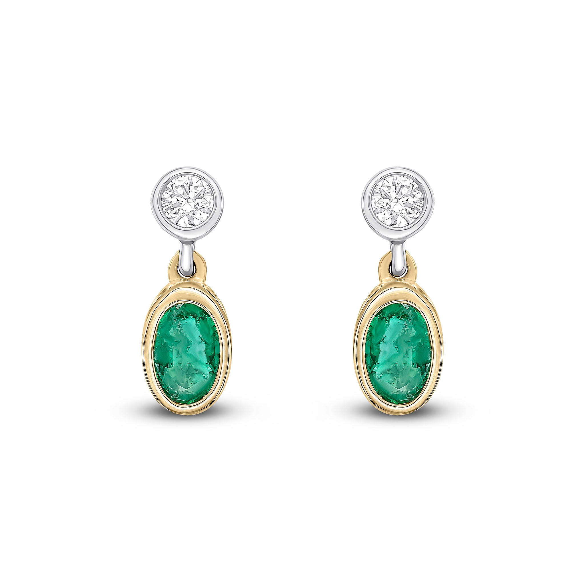 18ct Ywg Oval Emerald and Round Diamond 2 Stone Rubover Drop Earrings
