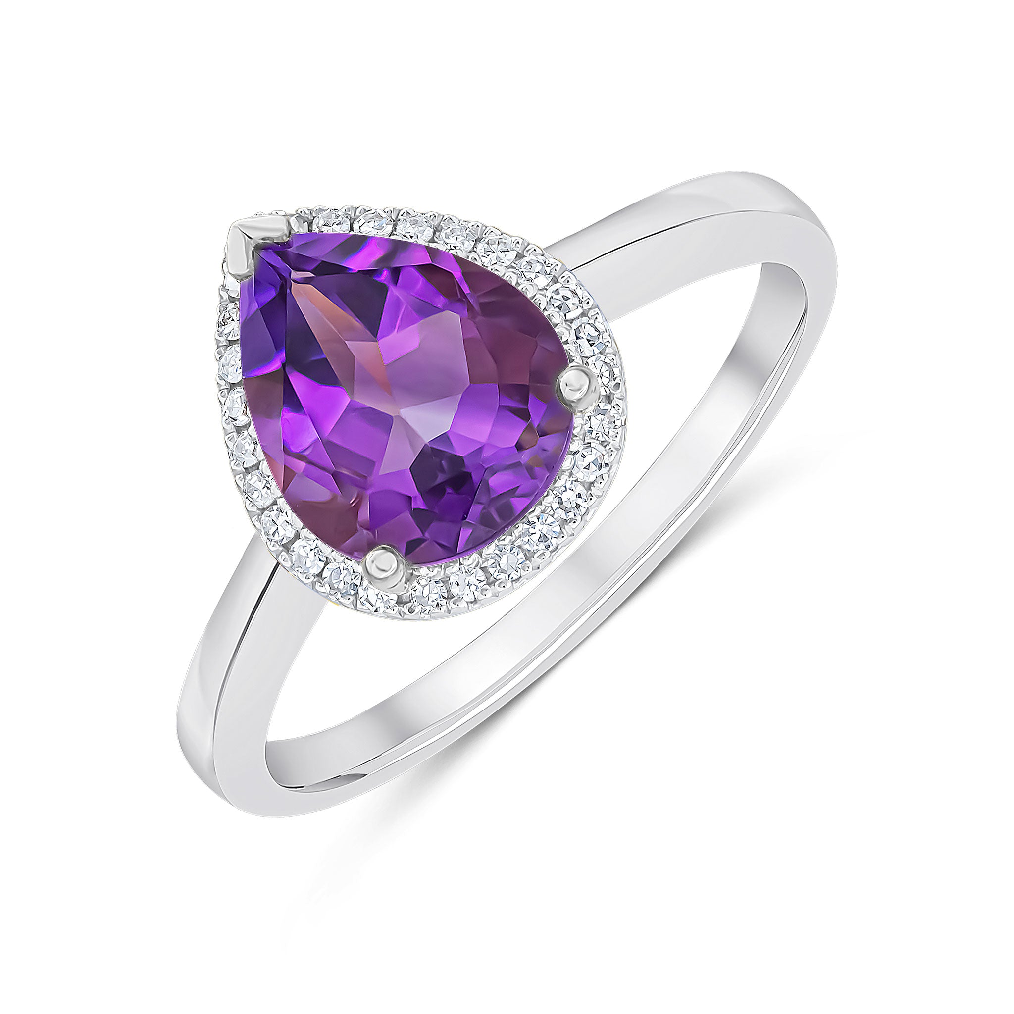 9ct White Gold 9x7 Pear Shape Amethyst & Diamond Claw Set Cluster Ring