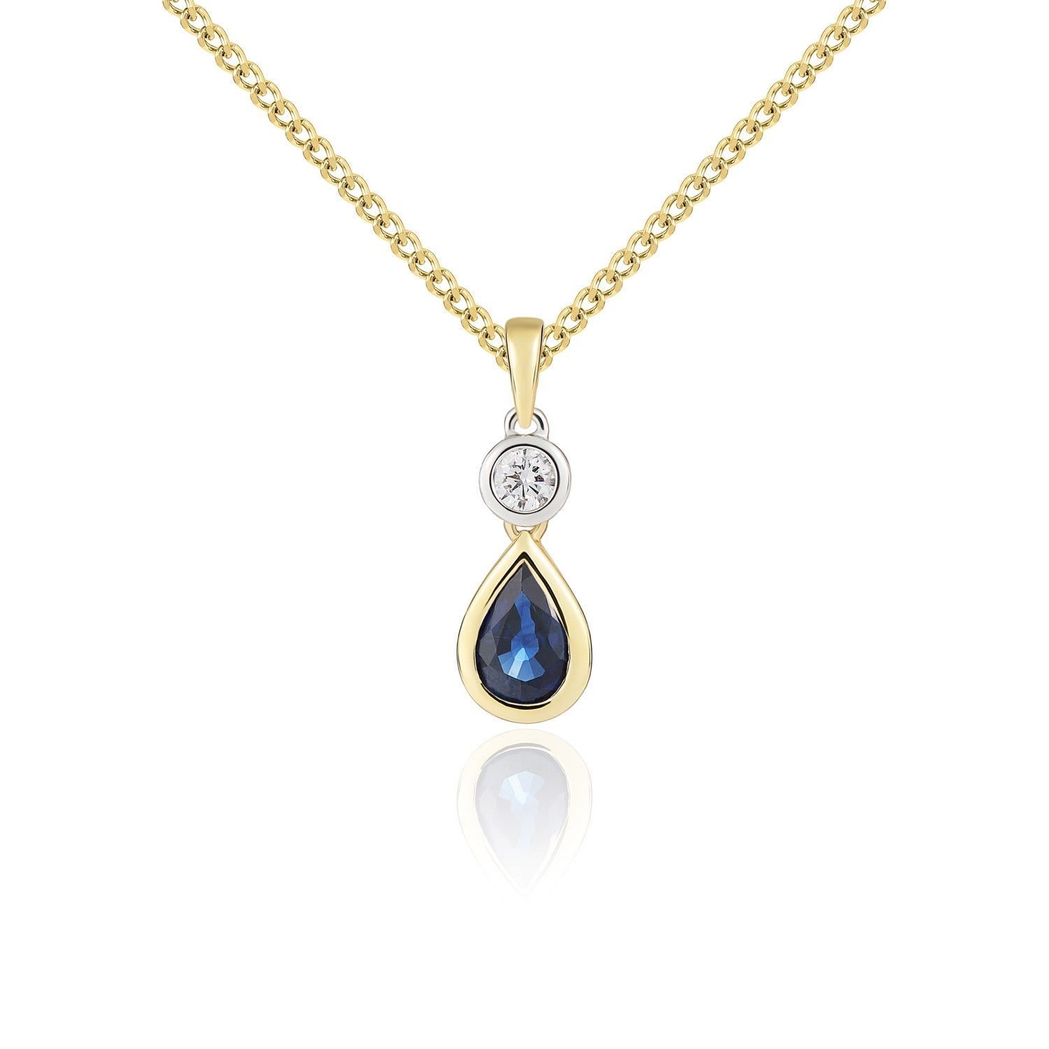 18ct Ywg Pear Shape Sapphire and Round Diamond Rubover 2 Stone Pendant