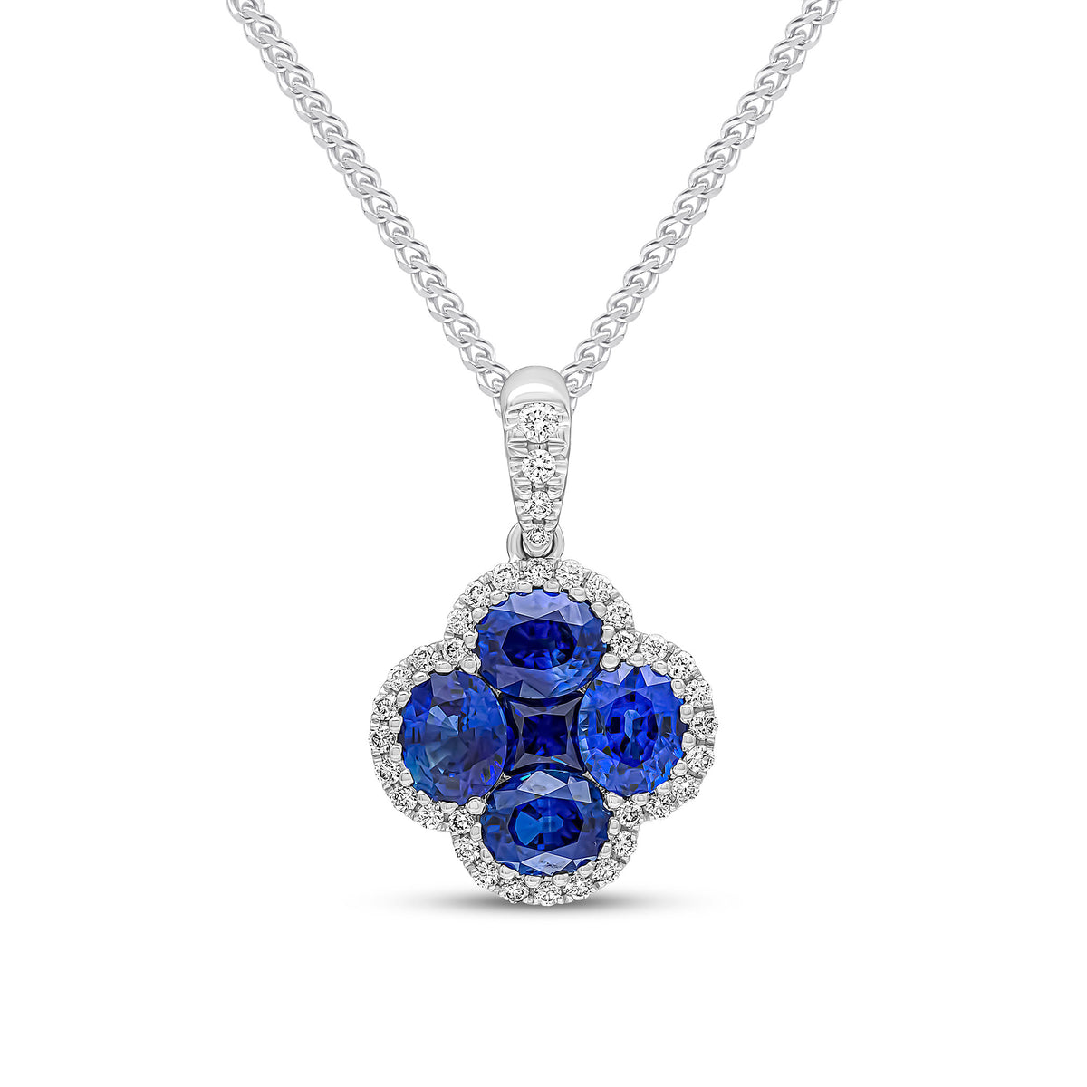 18ct White Gold Oval and Square Sapphire and Diamond Quatrefoil Cluster Pendant with Diamond Set Loop Top