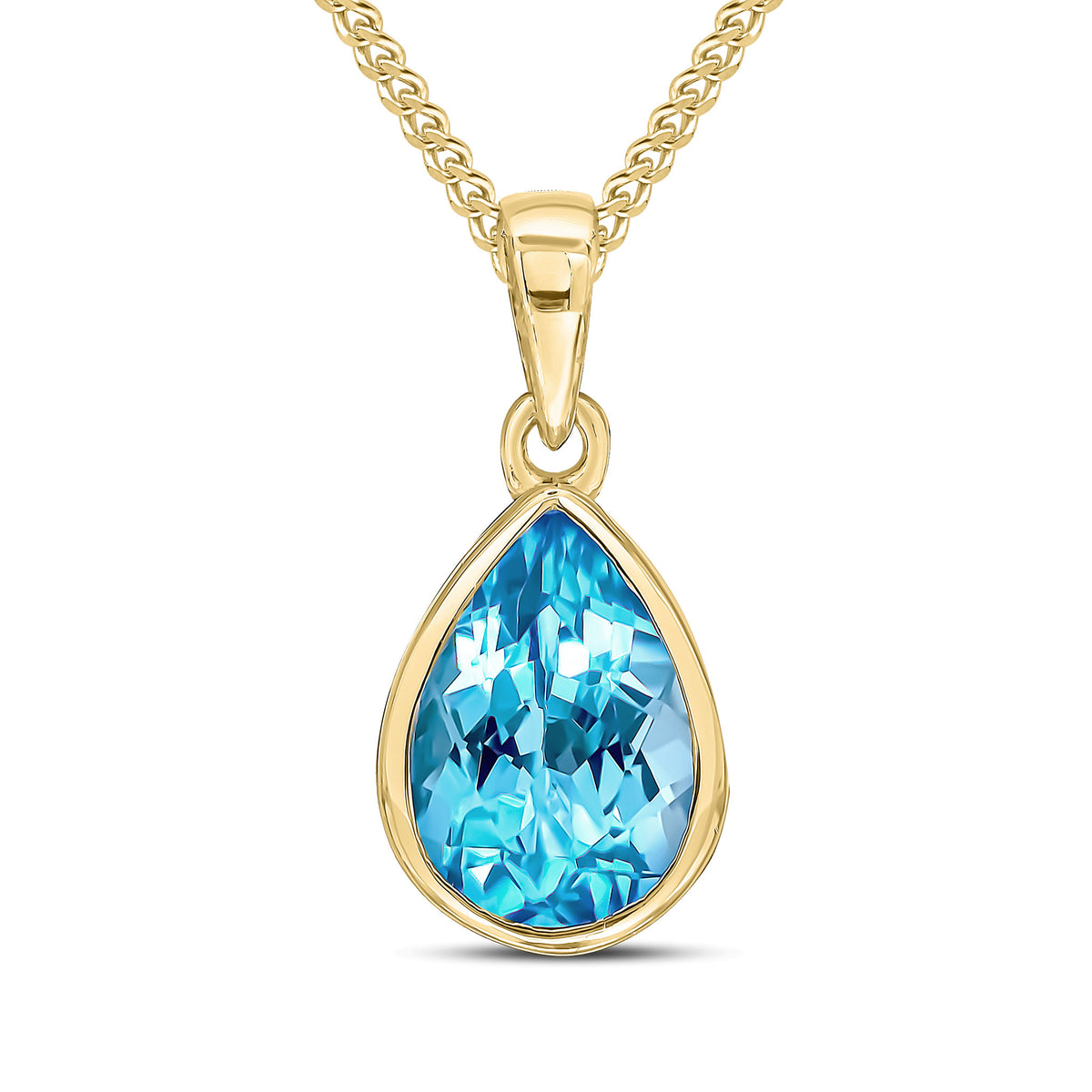 9ct Yellow Gold 10x7 Pear Shape Swiss Blue Topaz Rubover Pendant