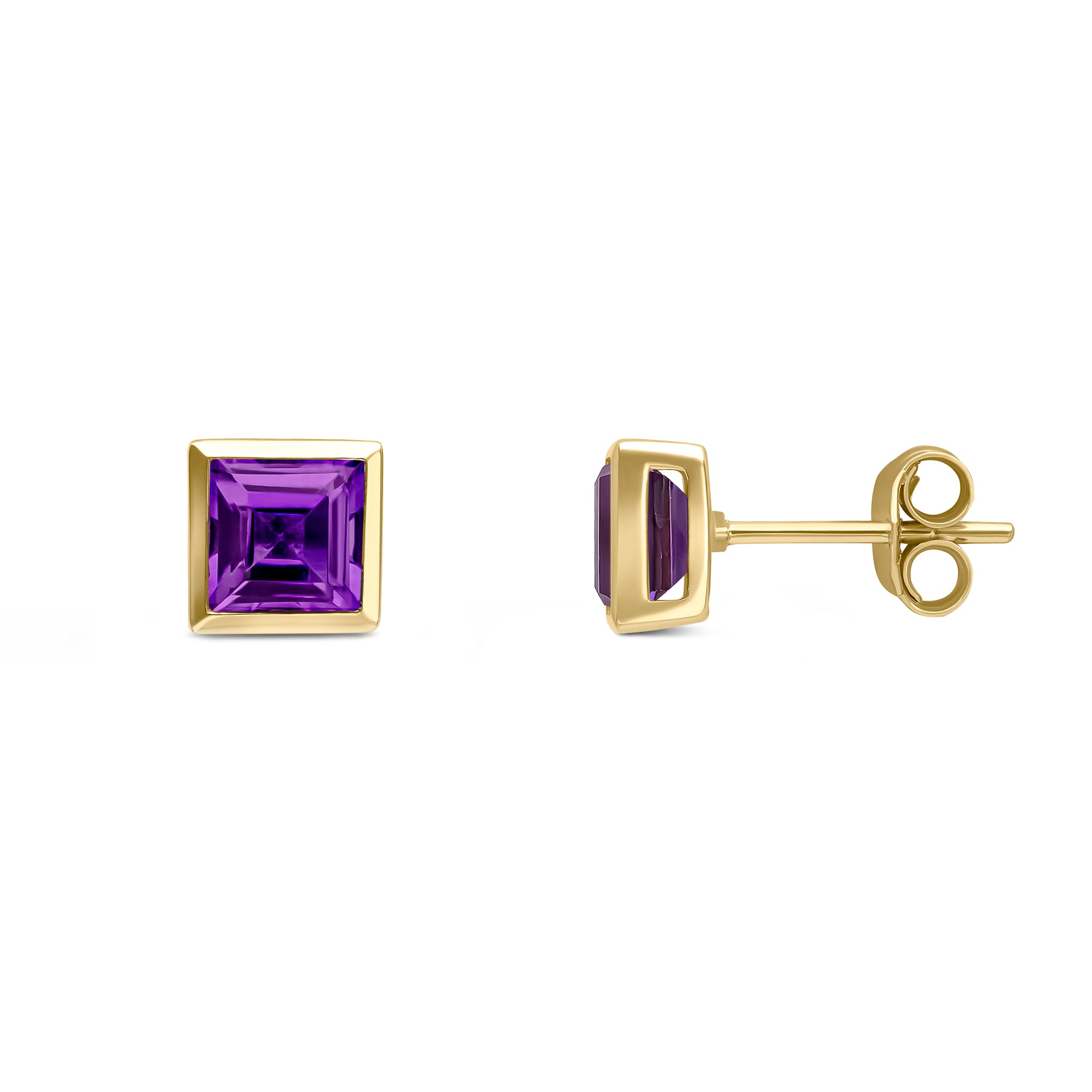 9ct Yellow Gold 5mm Square Amethyst Rubover Set Earrings