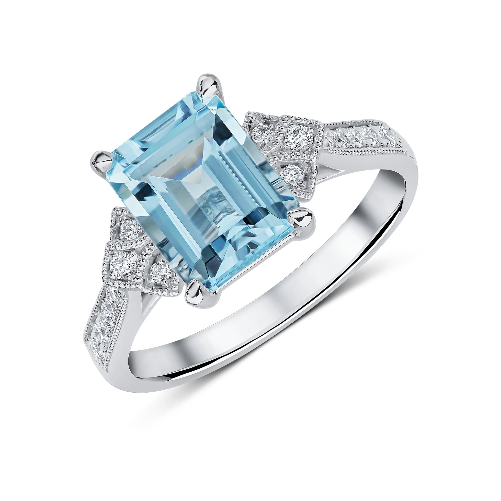 18ct White Gold Octagon Aquamarine Single Stone Ring with Diamond Milgrain Set Shoulder Motifs