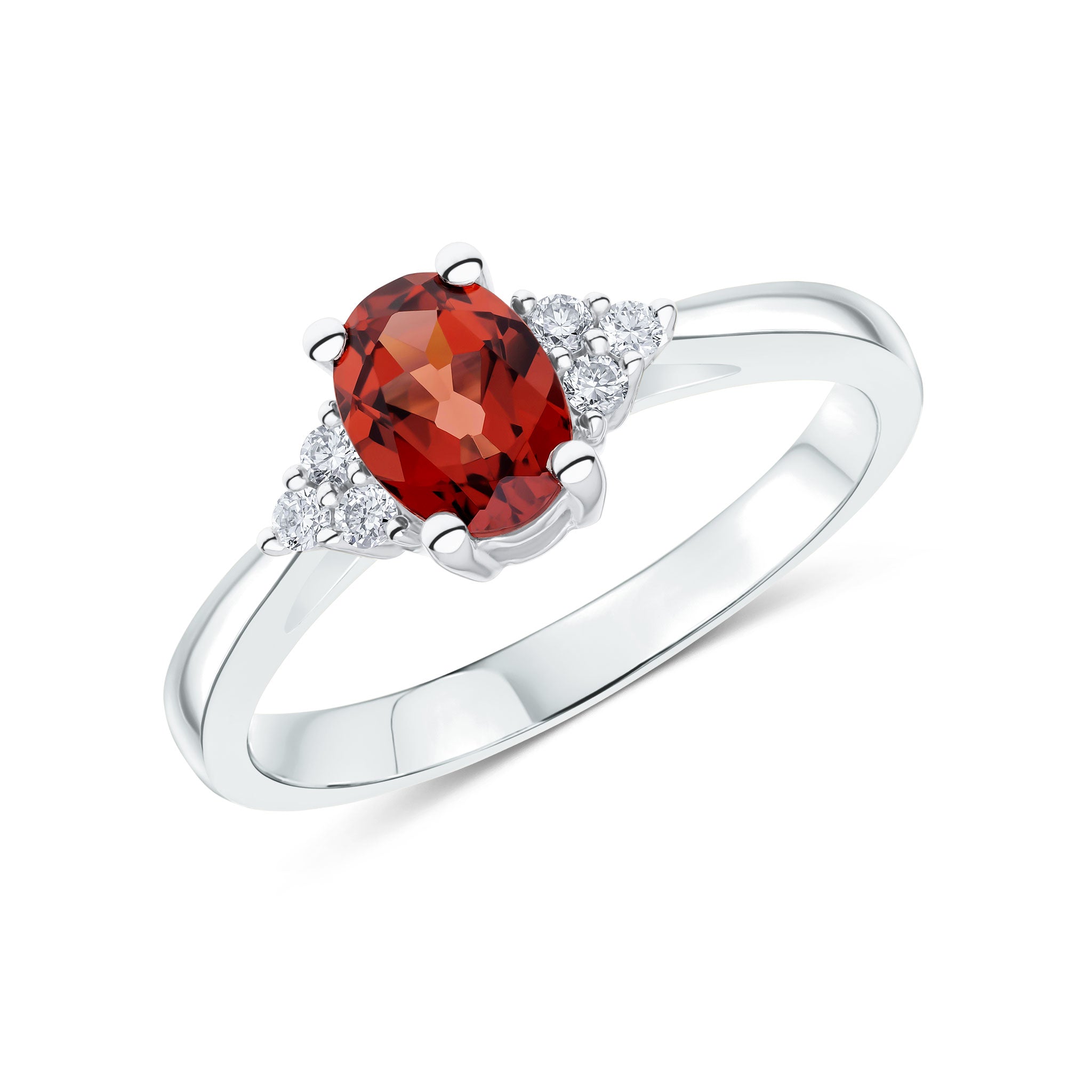 9ct White Gold 7x5 Oval Garnet & Diamond Trefoil Shoulders Ring