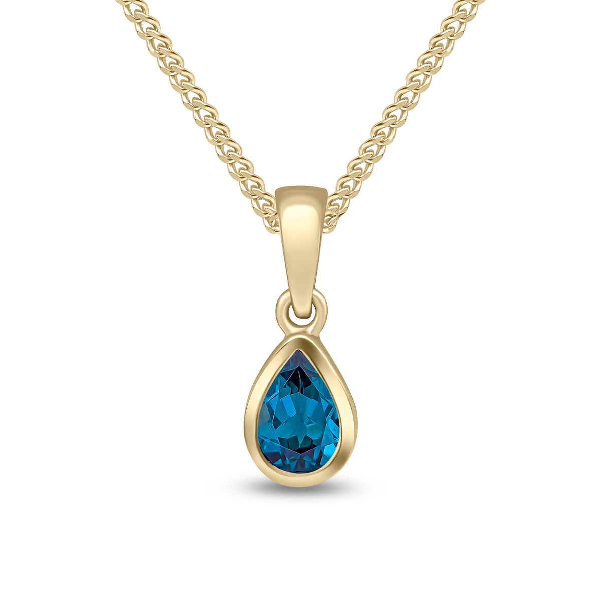 9ct Yellow Gold 6x4 Pear Shape London Blue Topaz Rubover Single Stone Pendant