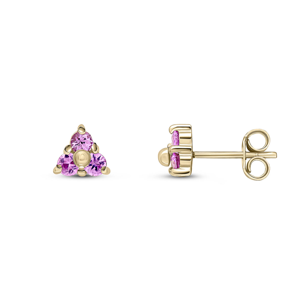 9ct Yellow Gold Round Pink Sapphire Claw Set Trefoil Earrings
