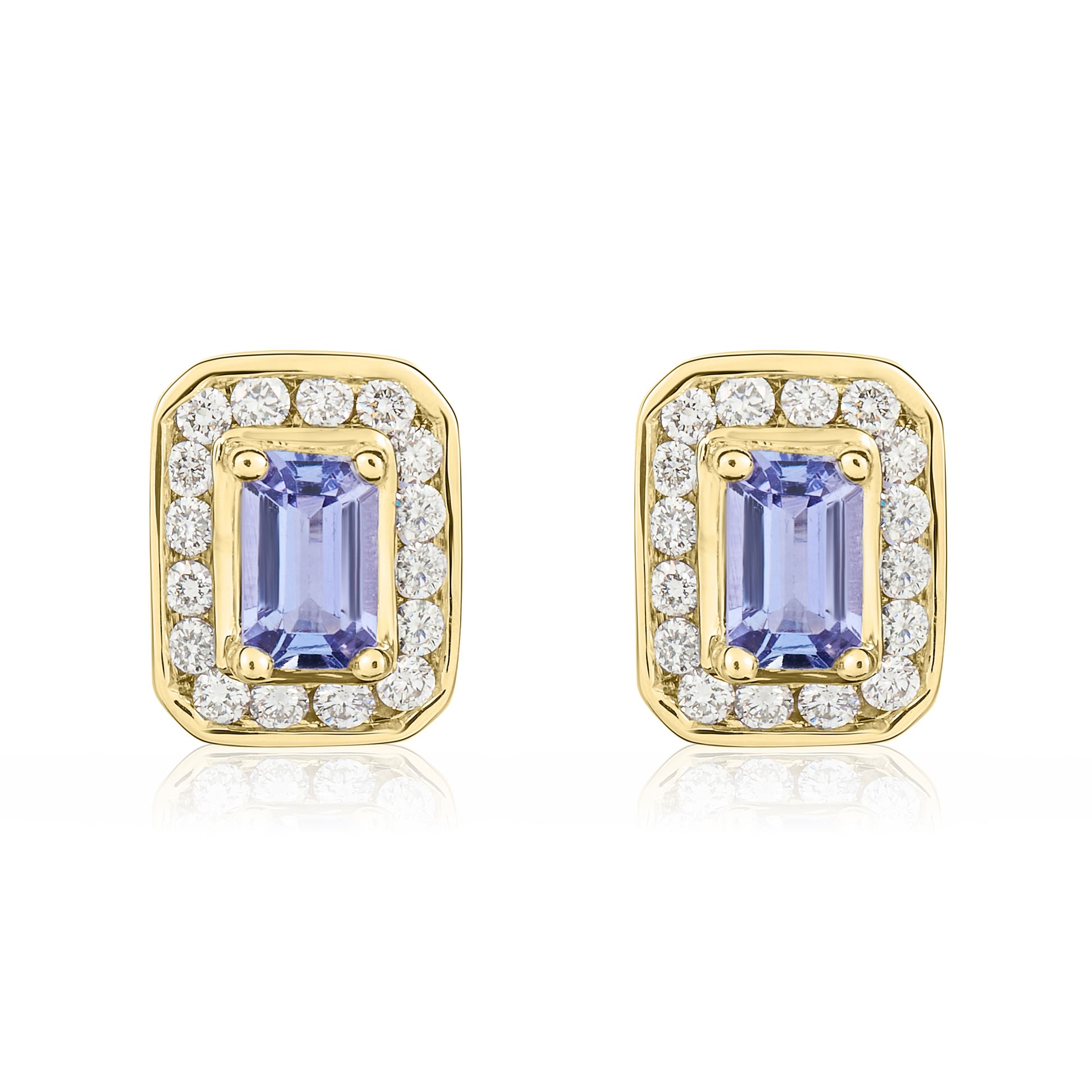 9ct Yellow Gold Octagon Tanzanite and Diamond Rubover Cluster Earrings