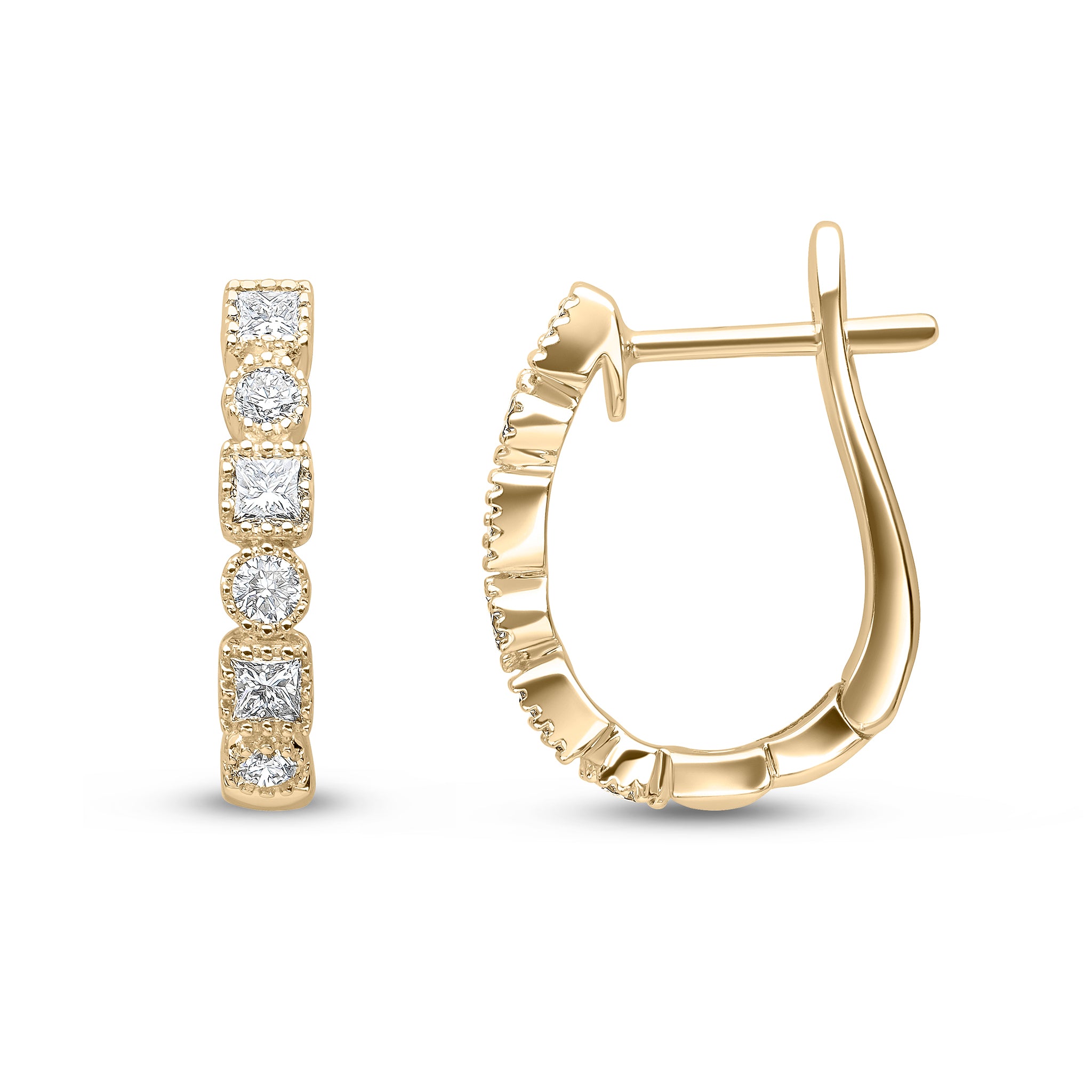 18ct Yellow Gold Princess and Brilliant Cut Diamond Milgrain Hoop Earrings