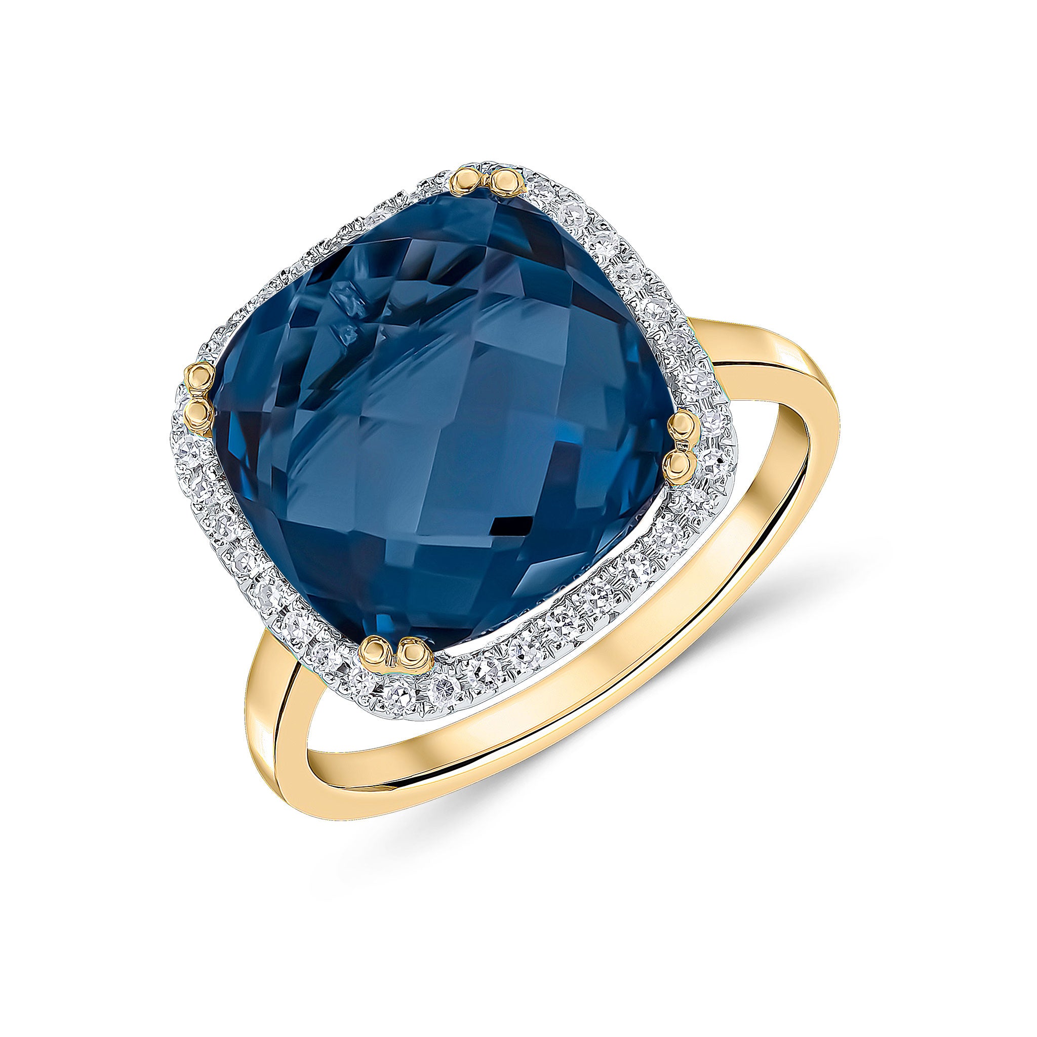 9ct Yellow Gold 12mm Checkerboard Cut Cushion London Blue Topaz & Round Diamond Claw Set Cluster Ring