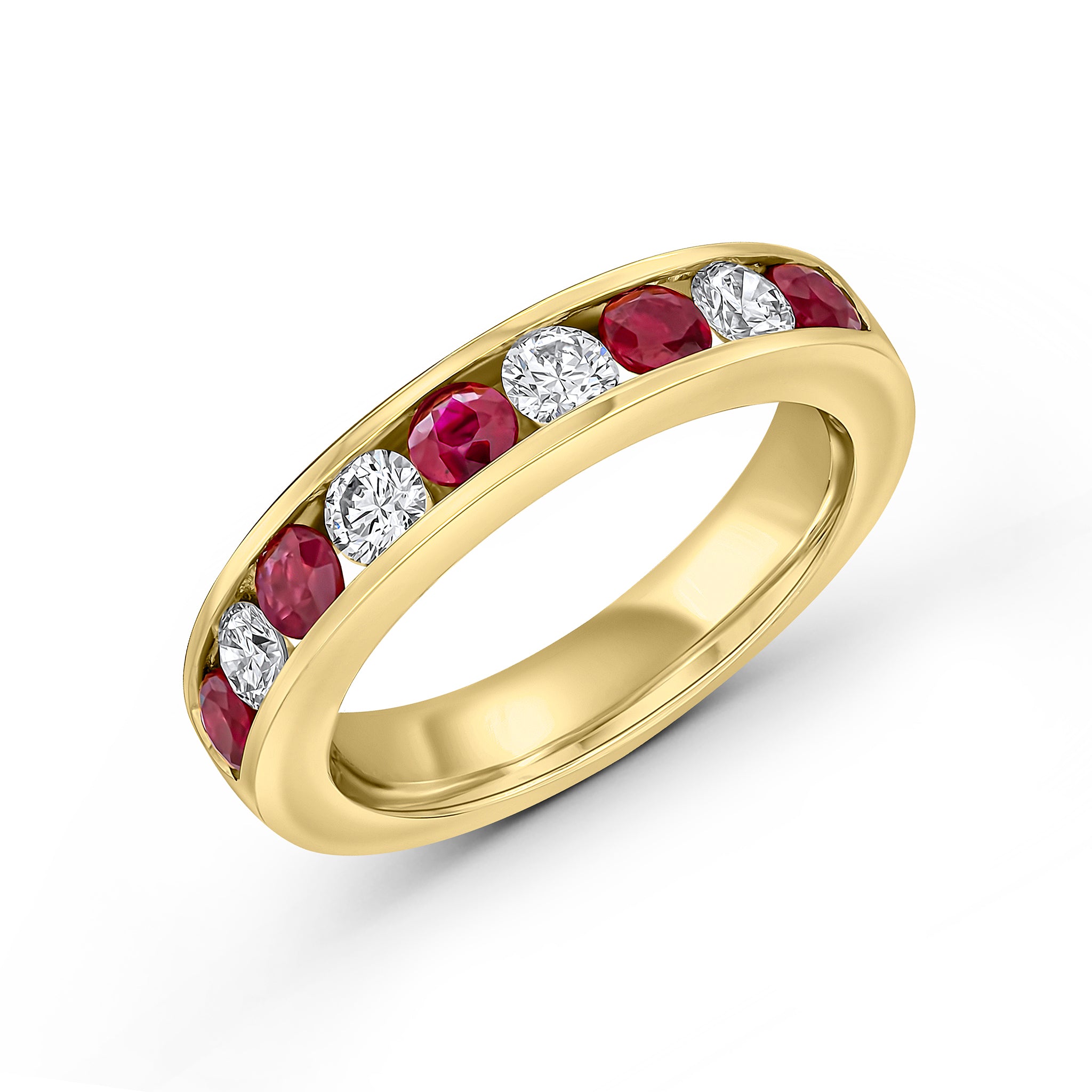 18ct Yellow Gold Round Ruby and Diamond 9 Stone Channel Set Eternity Ring