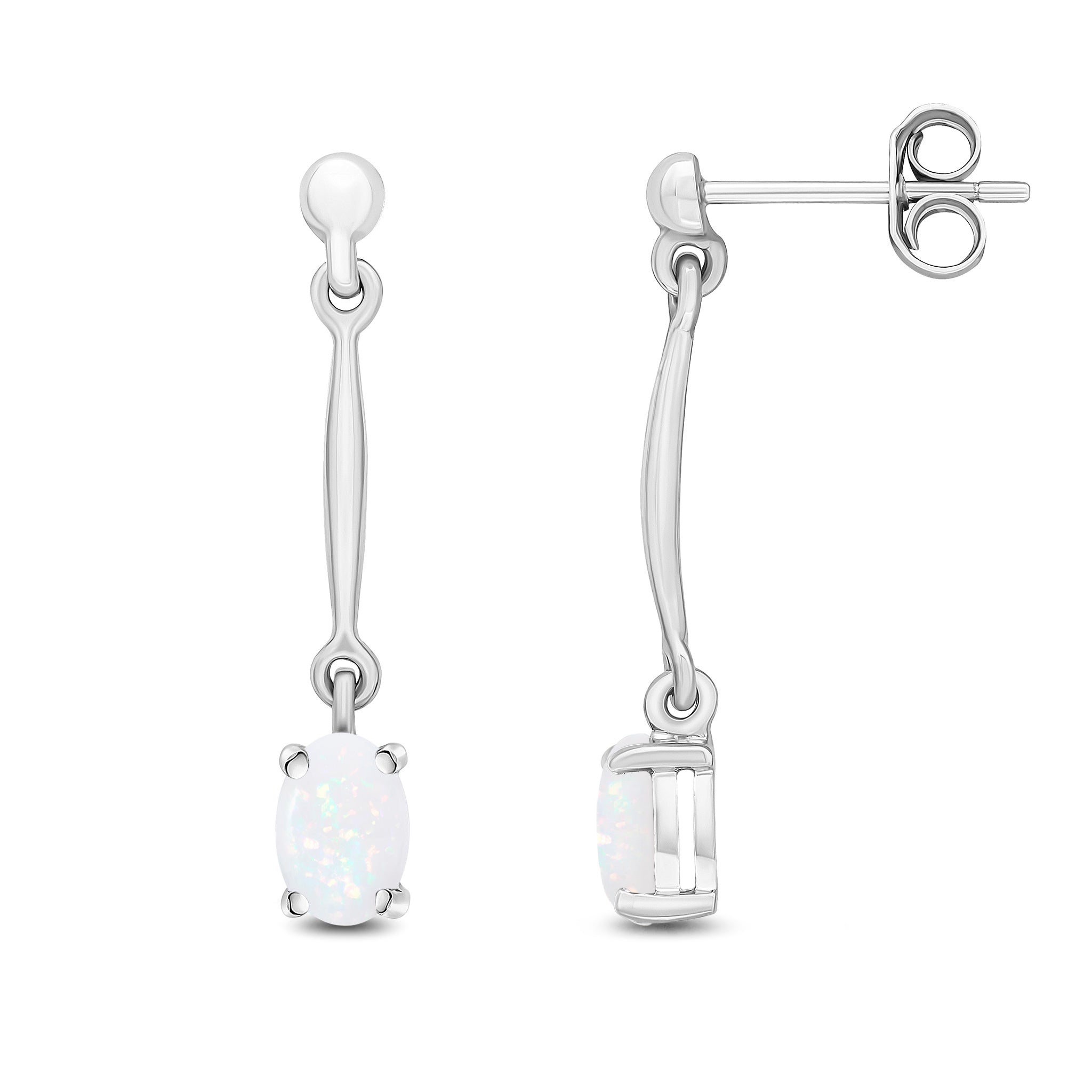 9ct White Gold Claw Set 6x4mm Oval Opal and Bar Drop Earrings